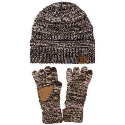 C.C Apparel C.C Unisex Soft Stretch Cable Knit Three Tone Beanie and Anti-Slip Touchscreen Gloves Set