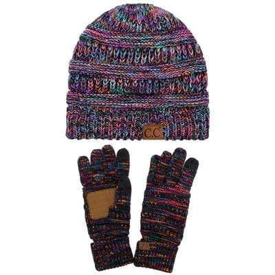 C.C Apparel Black Multi C.C Unisex Soft Stretch Cable Knit Three Tone Beanie and Anti-Slip Touchscreen Gloves Set