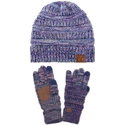 C.C Apparel C.C Unisex Soft Stretch Cable Knit Three Tone Beanie and Anti-Slip Touchscreen Gloves Set