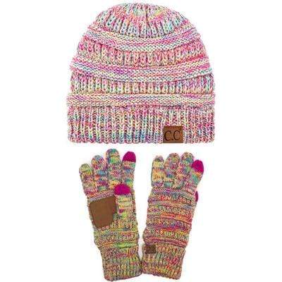 C.C Apparel Three Tone Bright Mix C.C Unisex Soft Stretch Cable Knit Three Tone Beanie and Anti-Slip Touchscreen Gloves Set