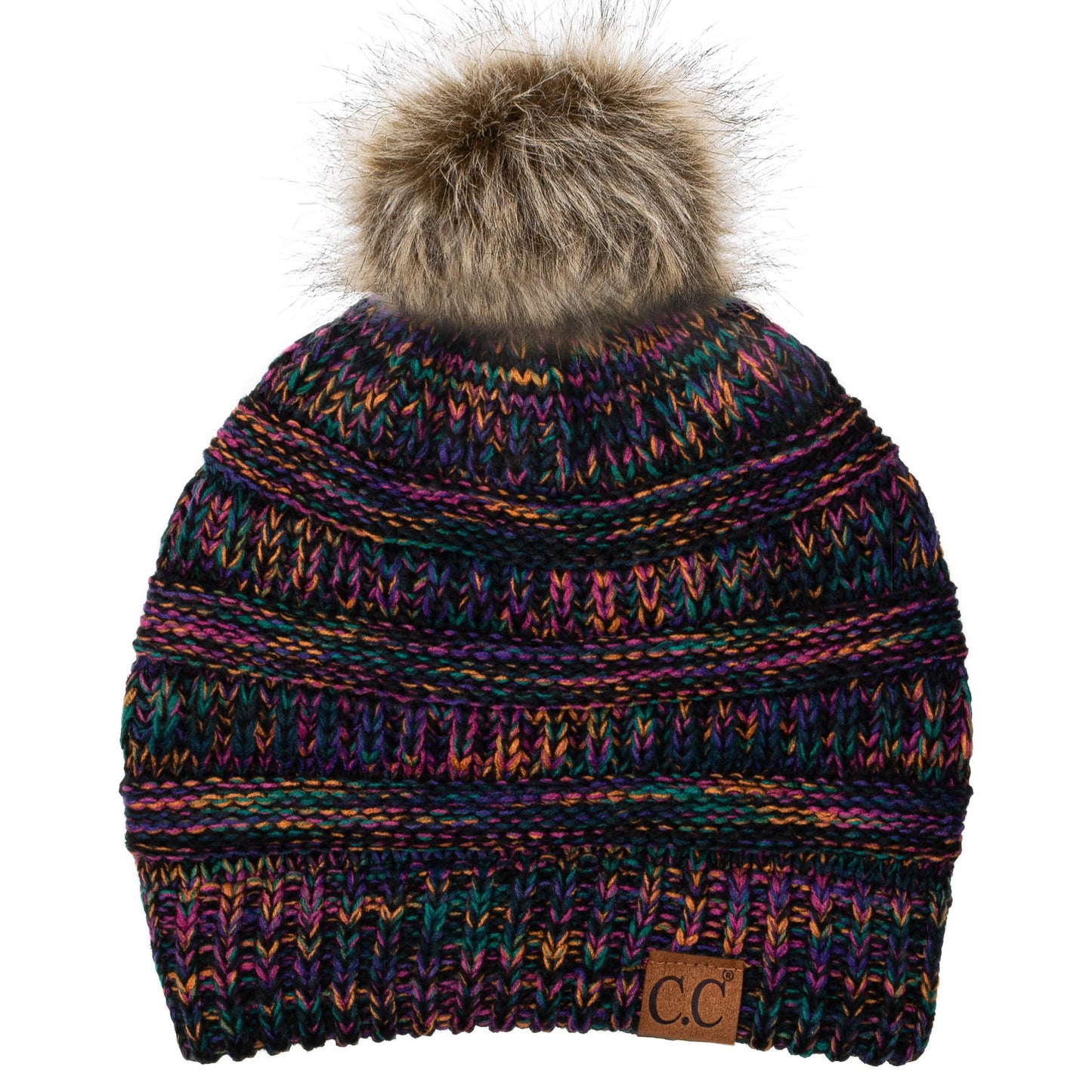 C.C Apparel Black Multi Mix C.C YJ816POM - Slouchy Thick Warm Cap Hat Skully Faux Fur Two Tone Pom Pom Cable Knit Beanie