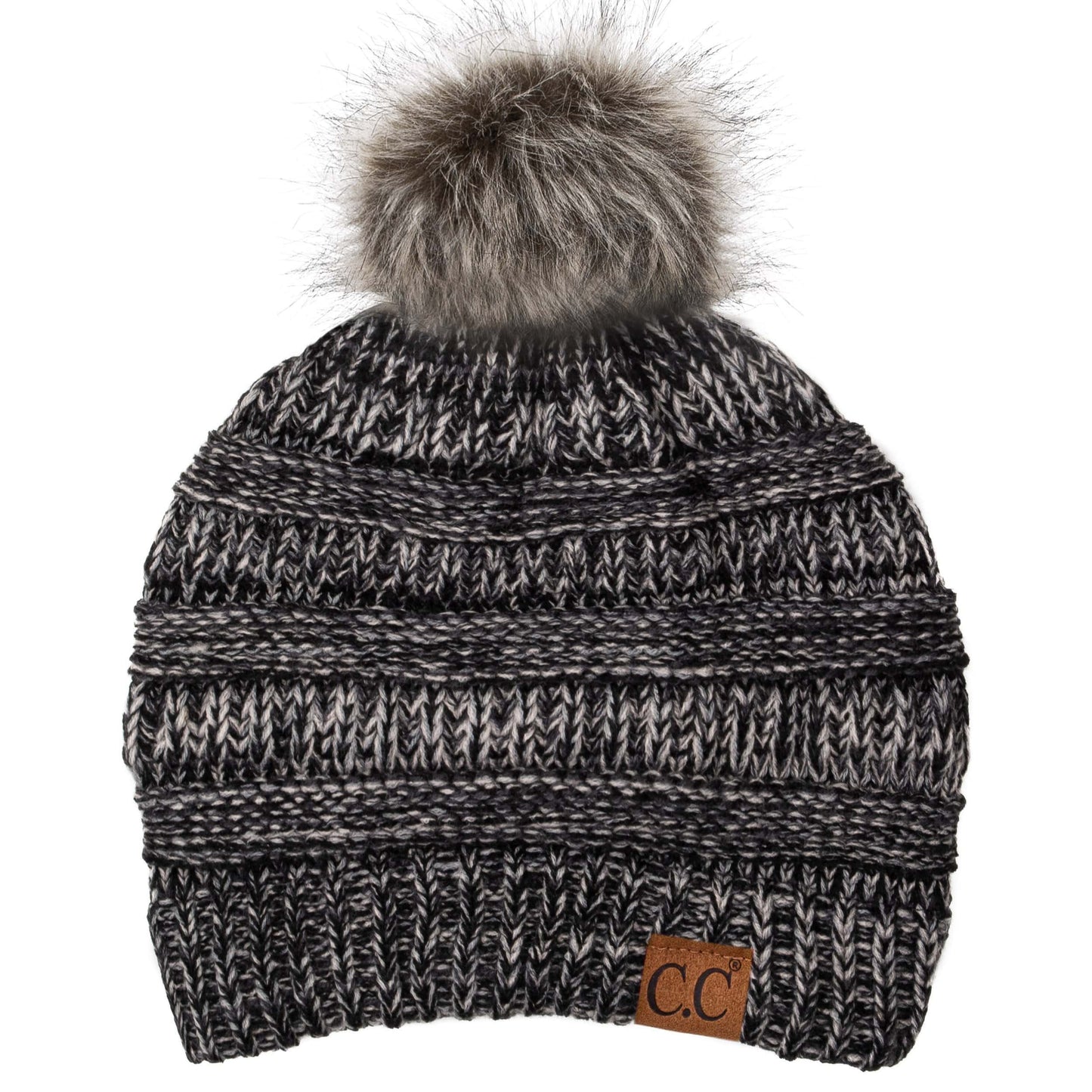 C.C Apparel Three Tone Grey C.C YJ816POM - Slouchy Thick Warm Cap Hat Skully Faux Fur Two Tone Pom Pom Cable Knit Beanie