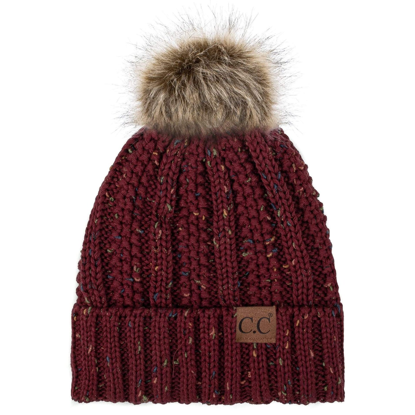 C.C Apparel C.C YJ820 - Thick Cable Knit Hat Faux Fur Pom Pom Fleece Lined Confetti Skull Cap Cuff Beanie