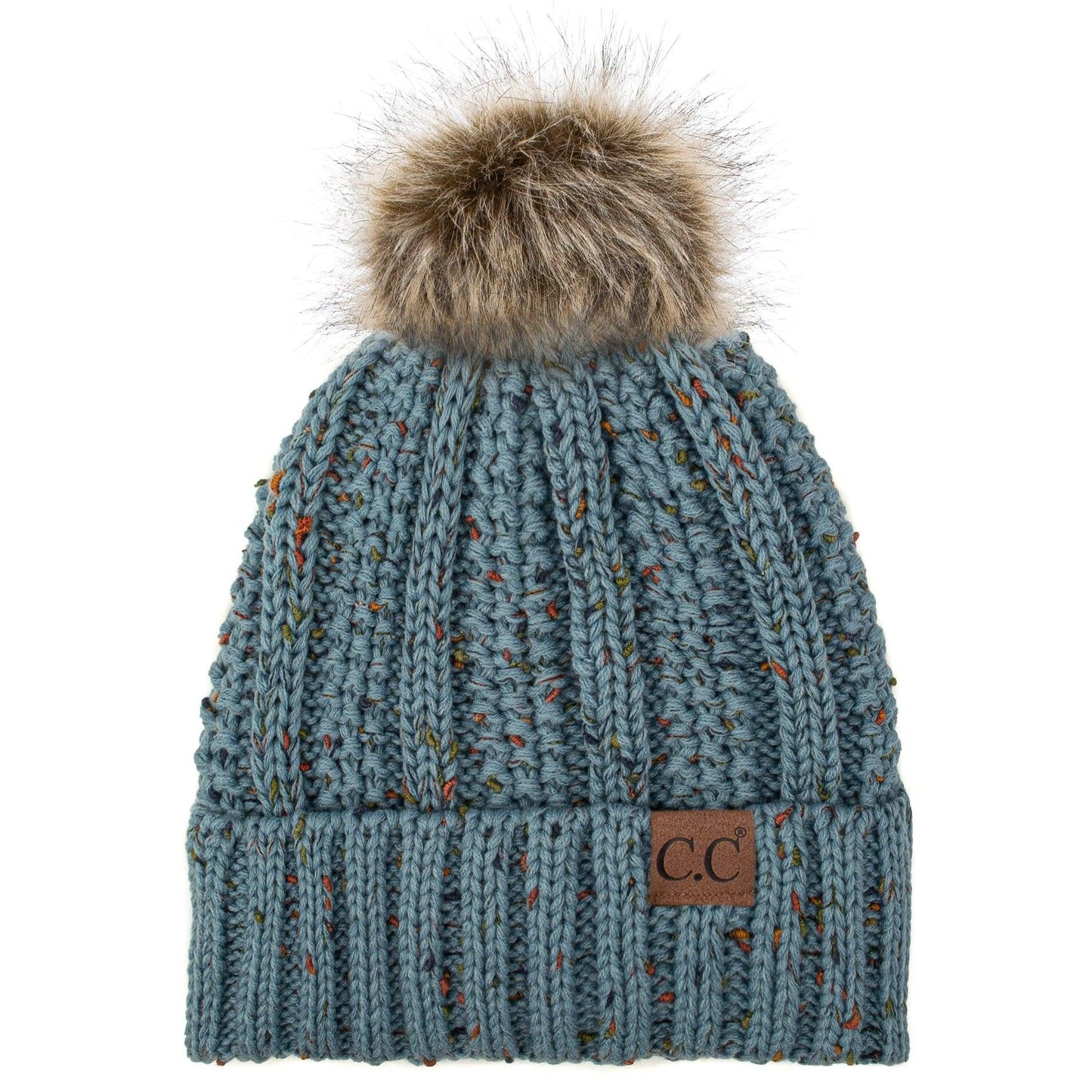 C.C Apparel C.C YJ820 - Thick Cable Knit Hat Faux Fur Pom Pom Fleece Lined Confetti Skull Cap Cuff Beanie