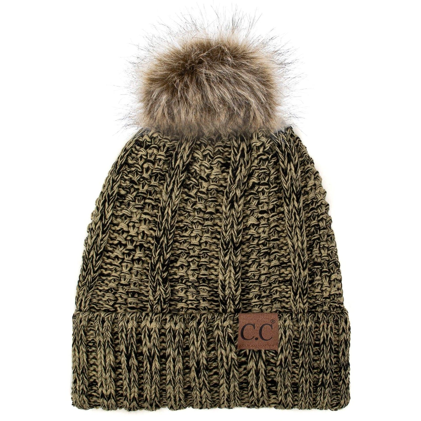 C.C Apparel C.C YJ820 - Thick Cable Knit Hat Faux Fur Pom Pom Fleece Lined Mixed Skull Cap Cuff Beanie