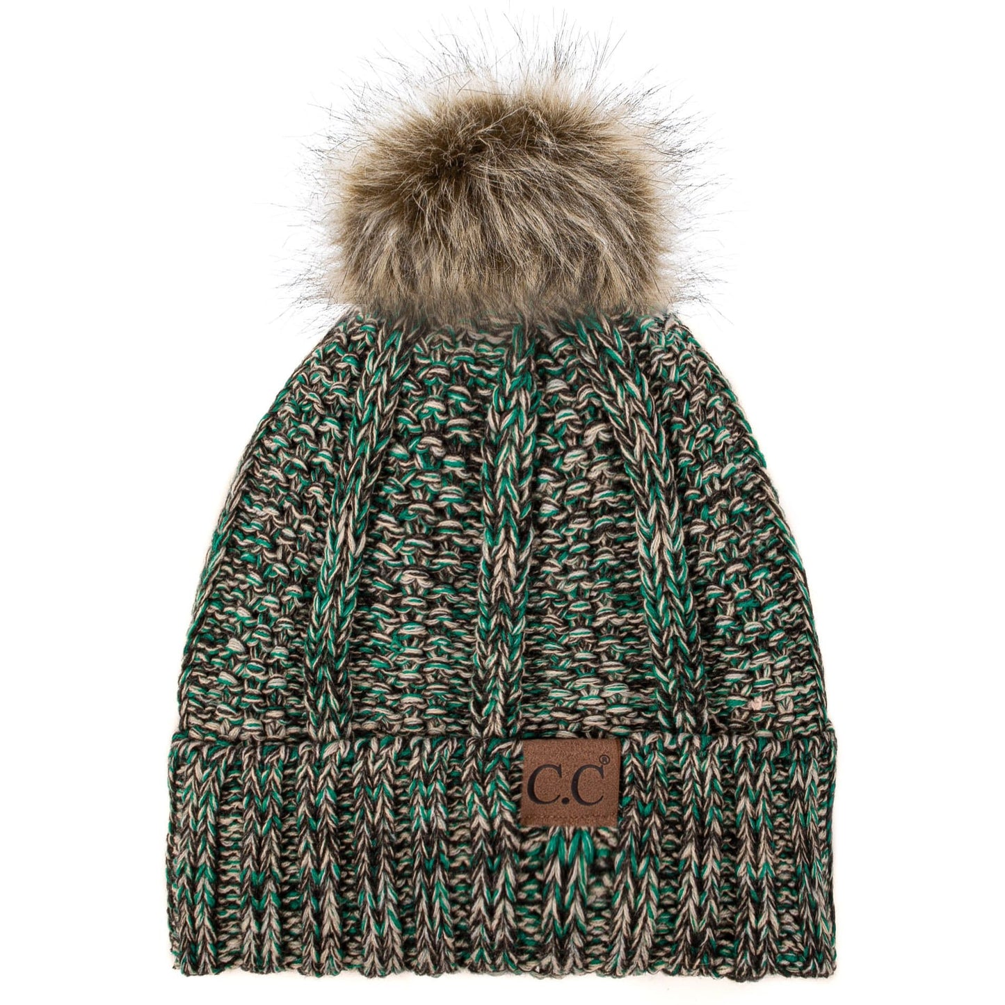 C.C Apparel C.C YJ820 - Thick Cable Knit Hat Faux Fur Pom Pom Fleece Lined Mixed Skull Cap Cuff Beanie