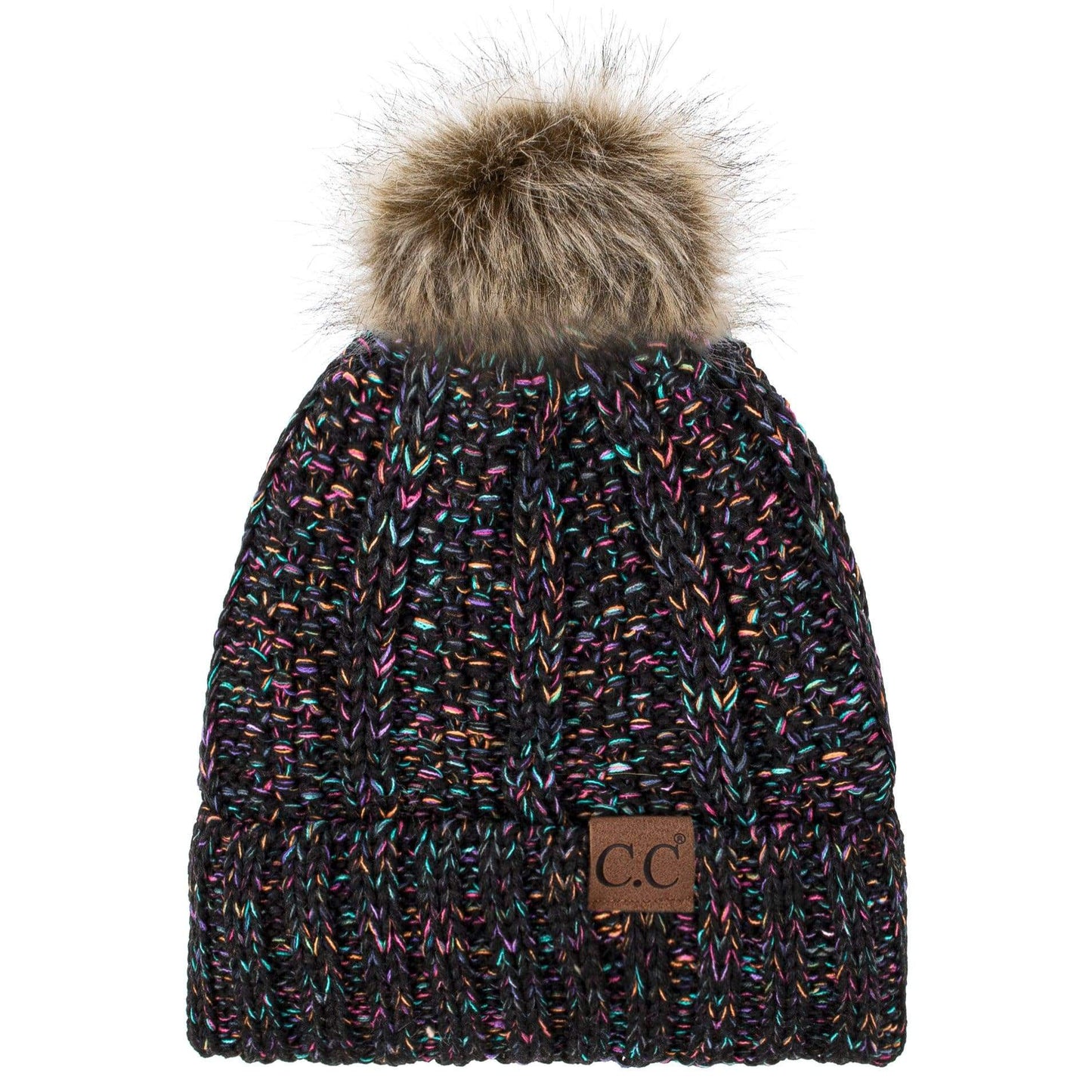 C.C Apparel C.C YJ820 - Thick Cable Knit Hat Faux Fur Pom Pom Fleece Lined Mixed Skull Cap Cuff Beanie