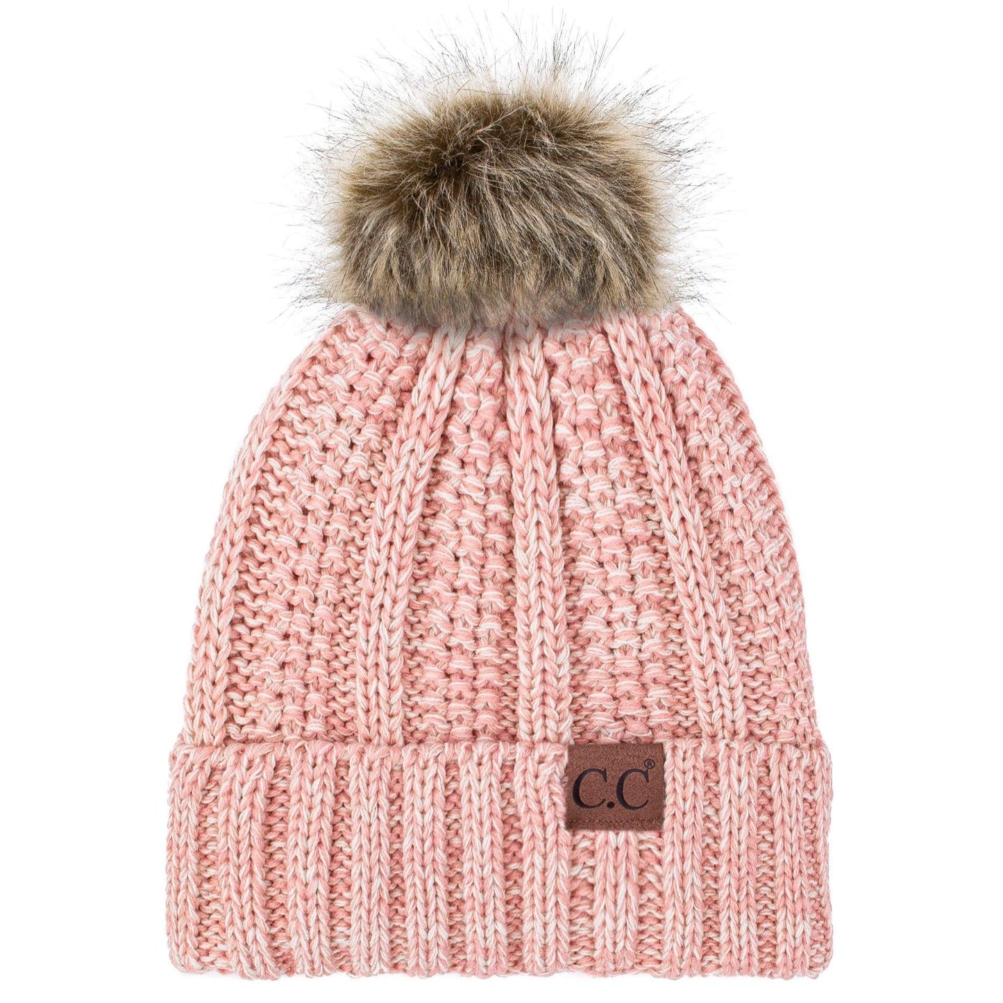 C.C Apparel C.C YJ820 - Thick Cable Knit Hat Faux Fur Pom Pom Fleece Lined Mixed Skull Cap Cuff Beanie