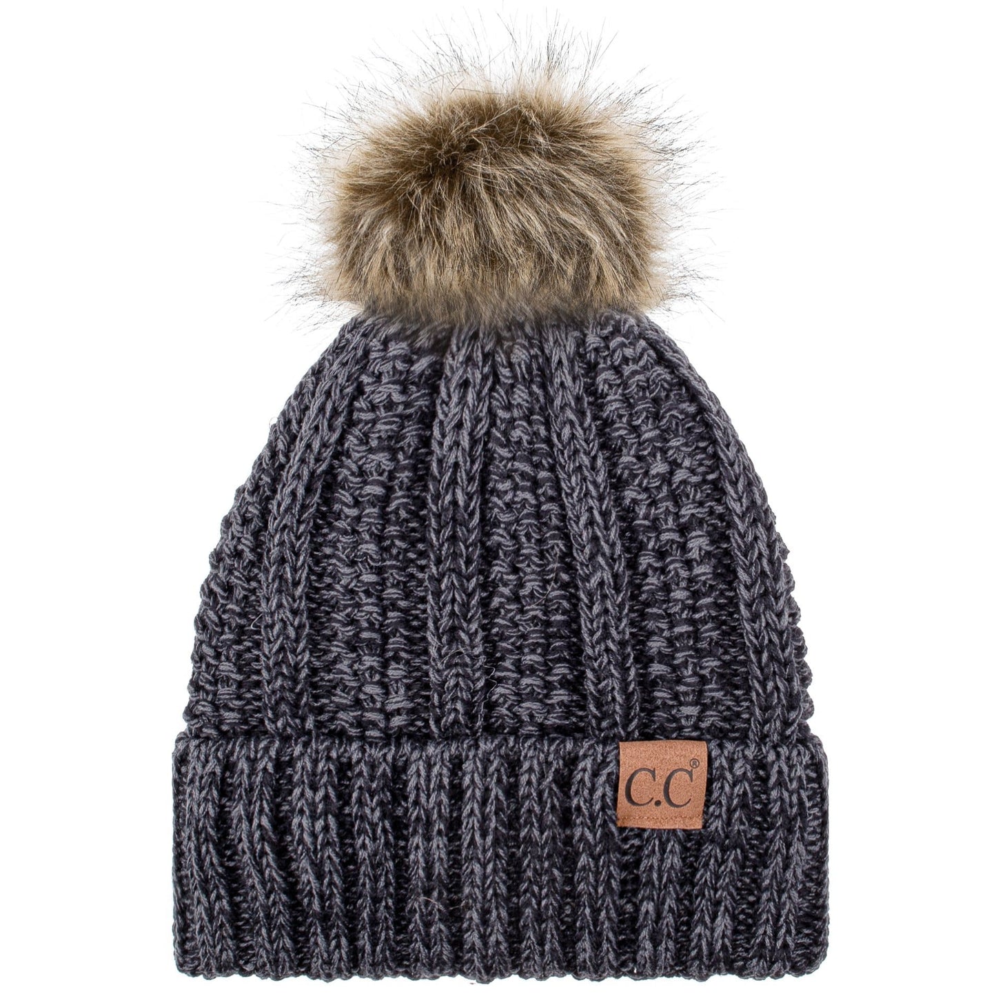 C.C Apparel C.C YJ820 - Thick Cable Knit Hat Faux Fur Pom Pom Fleece Lined Mixed Skull Cap Cuff Beanie