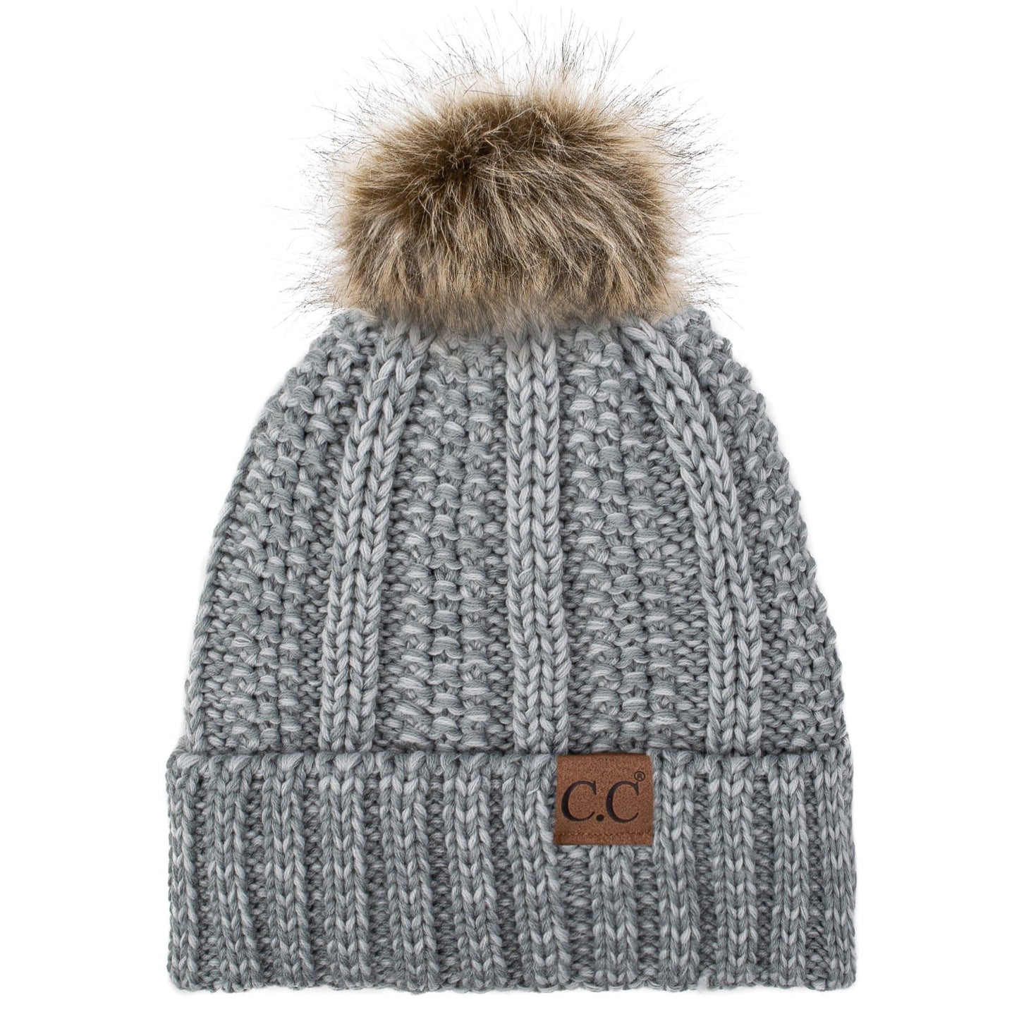 C.C Apparel C.C YJ820 - Thick Cable Knit Hat Faux Fur Pom Pom Fleece Lined Mixed Skull Cap Cuff Beanie