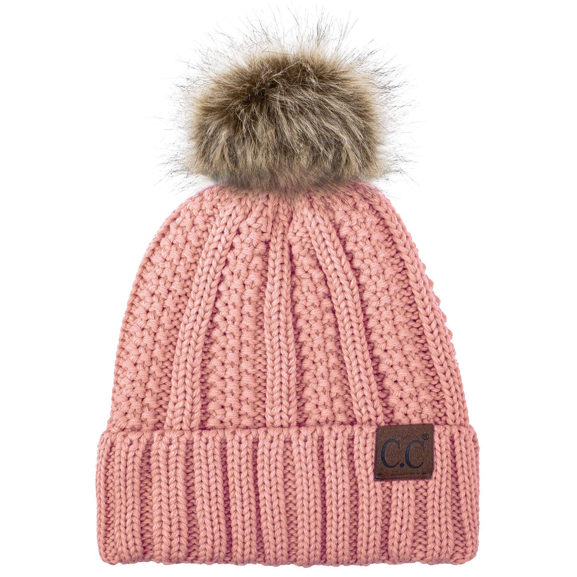 C.C Apparel C.C YJ820 - Thick Cable Knit Hat Faux Fur Pom Pom Fleece Lined Skull Cap Cuff Beanie