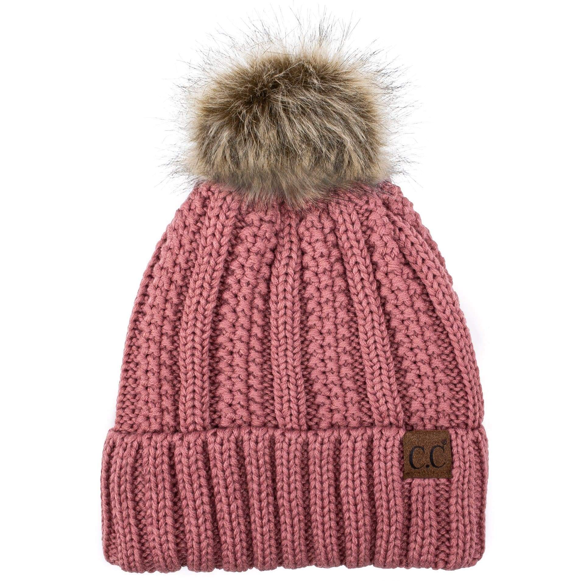 C.C Apparel C.C YJ820 - Thick Cable Knit Hat Faux Fur Pom Pom Fleece Lined Skull Cap Cuff Beanie