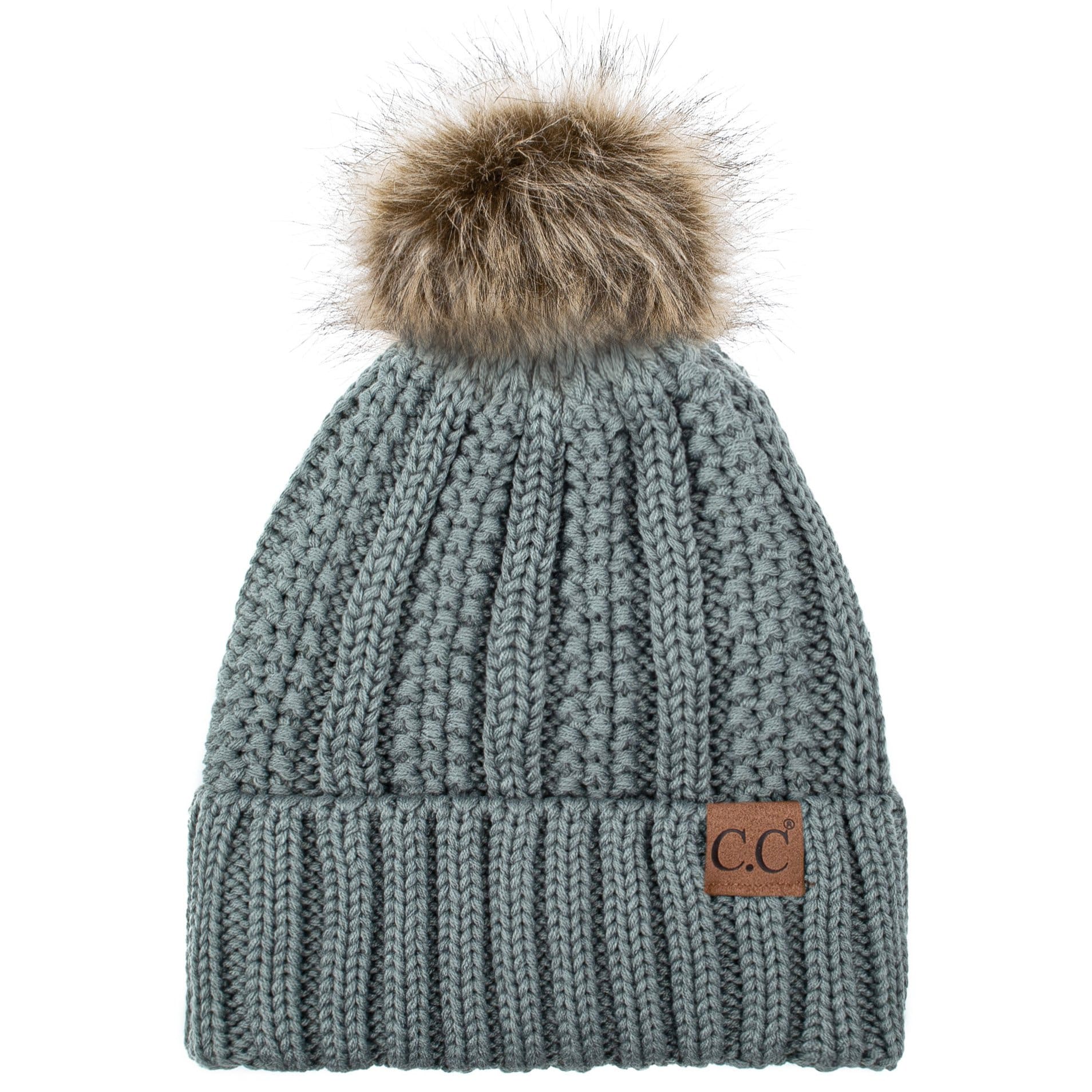 C.C Apparel C.C YJ820 - Thick Cable Knit Hat Faux Fur Pom Pom Fleece Lined Skull Cap Cuff Beanie