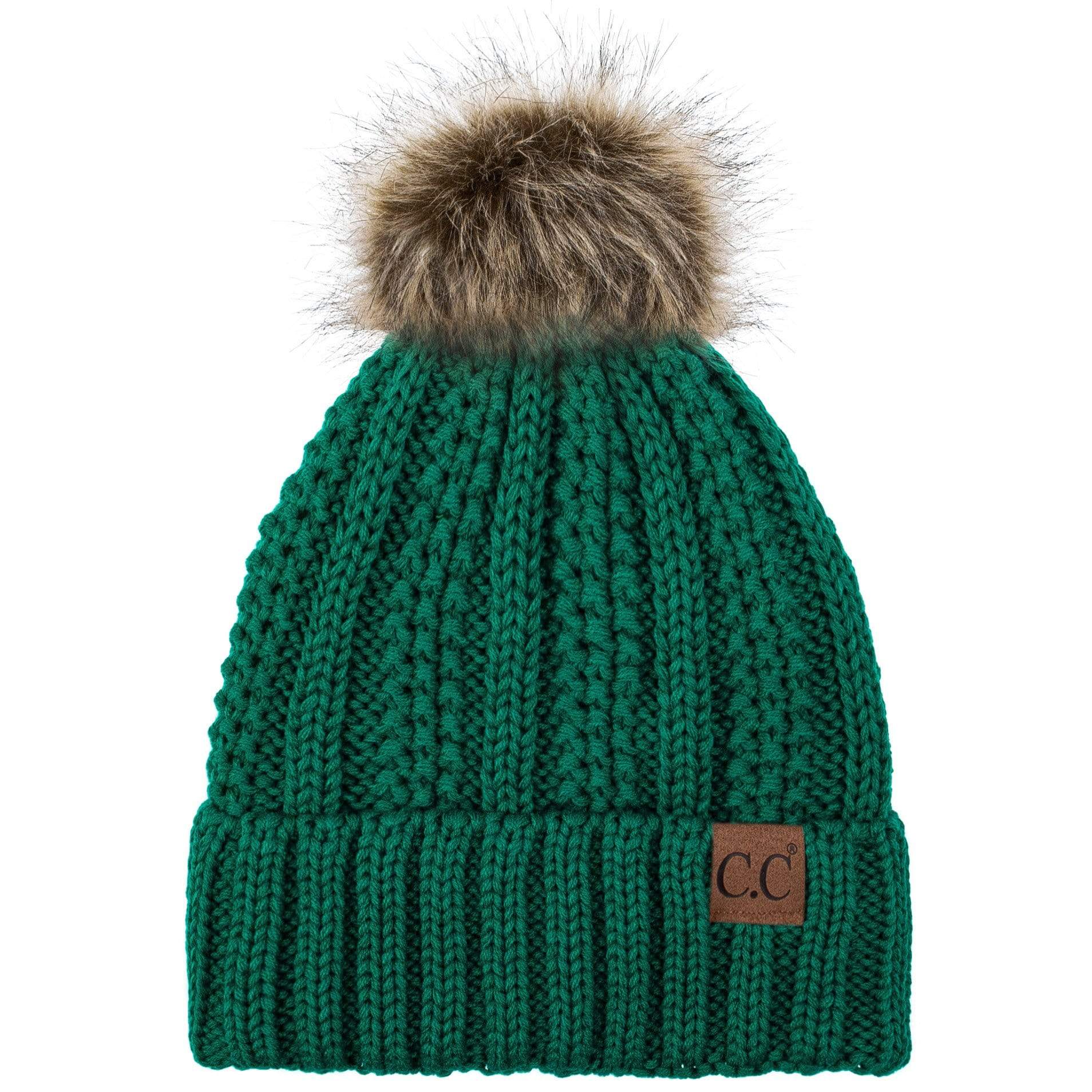 C.C Apparel C.C YJ820 - Thick Cable Knit Hat Faux Fur Pom Pom Fleece Lined Skull Cap Cuff Beanie