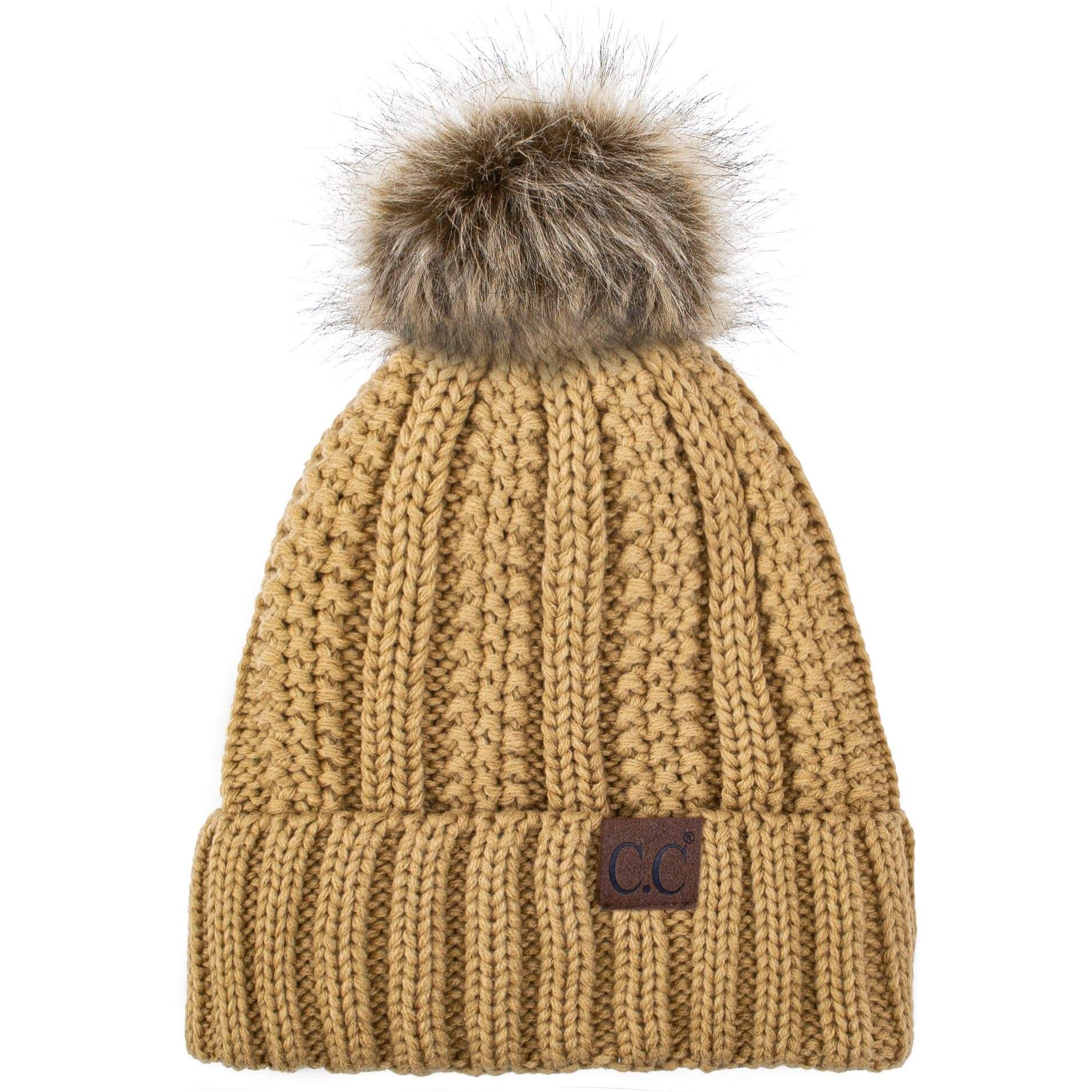 C.C Apparel C.C YJ820 - Thick Cable Knit Hat Faux Fur Pom Pom Fleece Lined Skull Cap Cuff Beanie