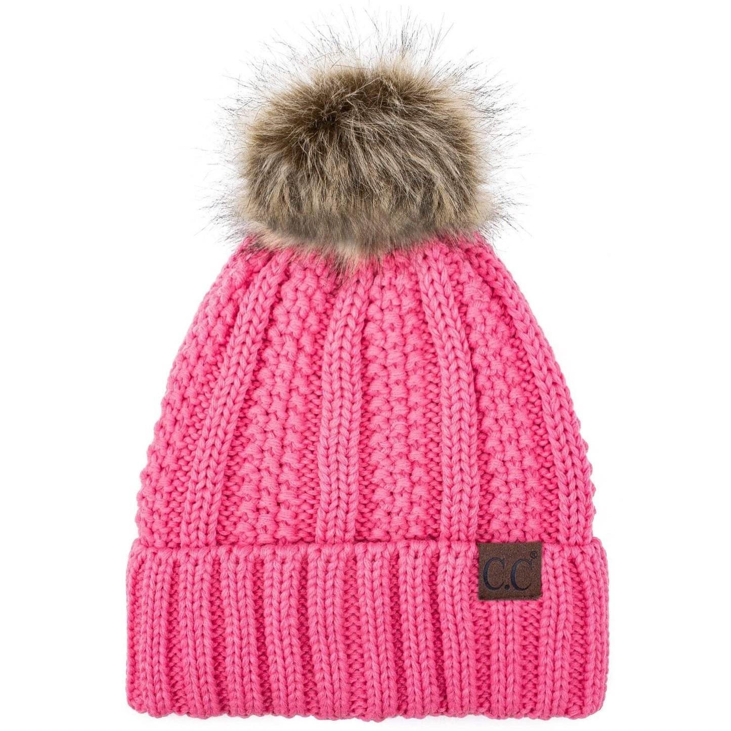 C.C Apparel C.C YJ820 - Thick Cable Knit Hat Faux Fur Pom Pom Fleece Lined Skull Cap Cuff Beanie