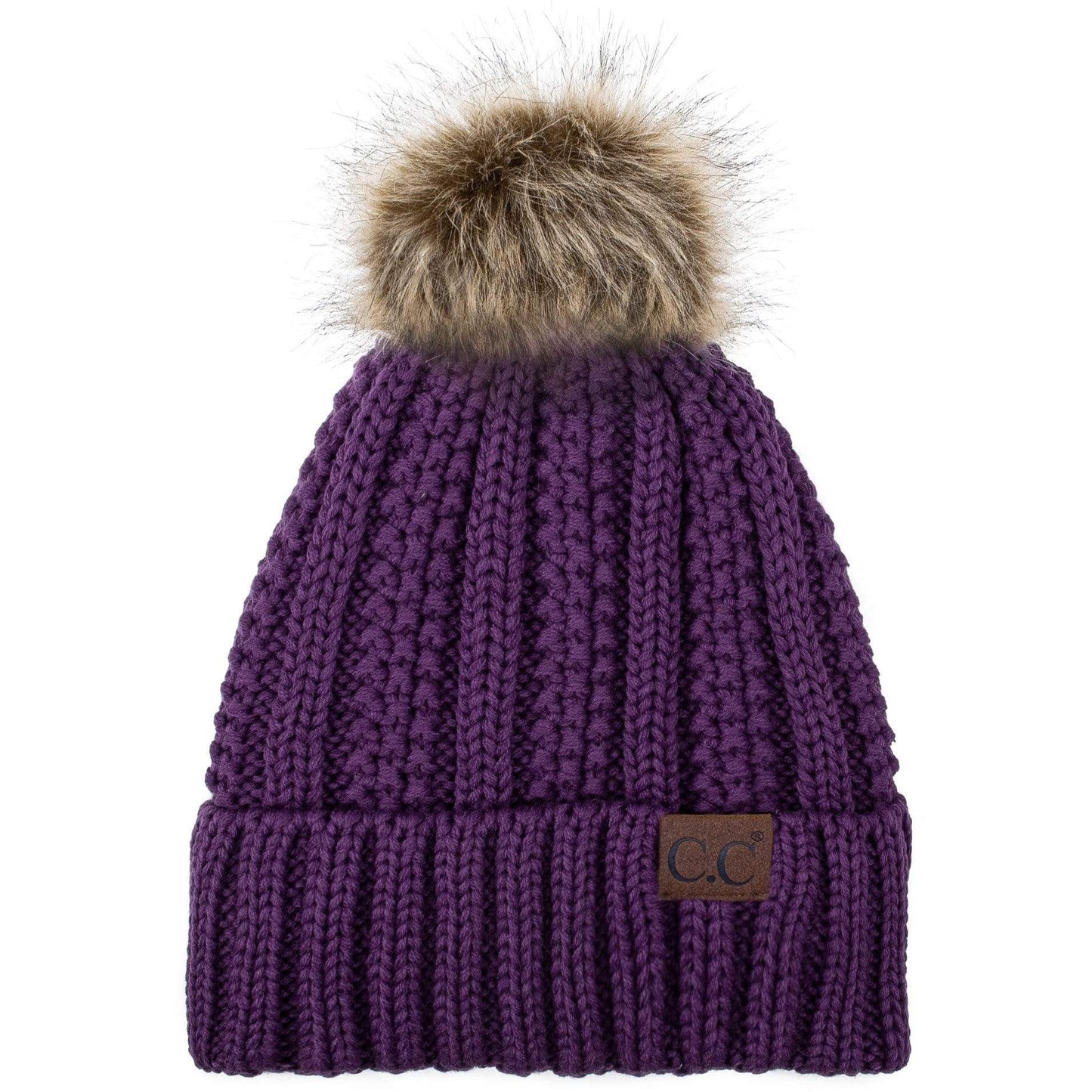 C.C Apparel C.C YJ820 - Thick Cable Knit Hat Faux Fur Pom Pom Fleece Lined Skull Cap Cuff Beanie