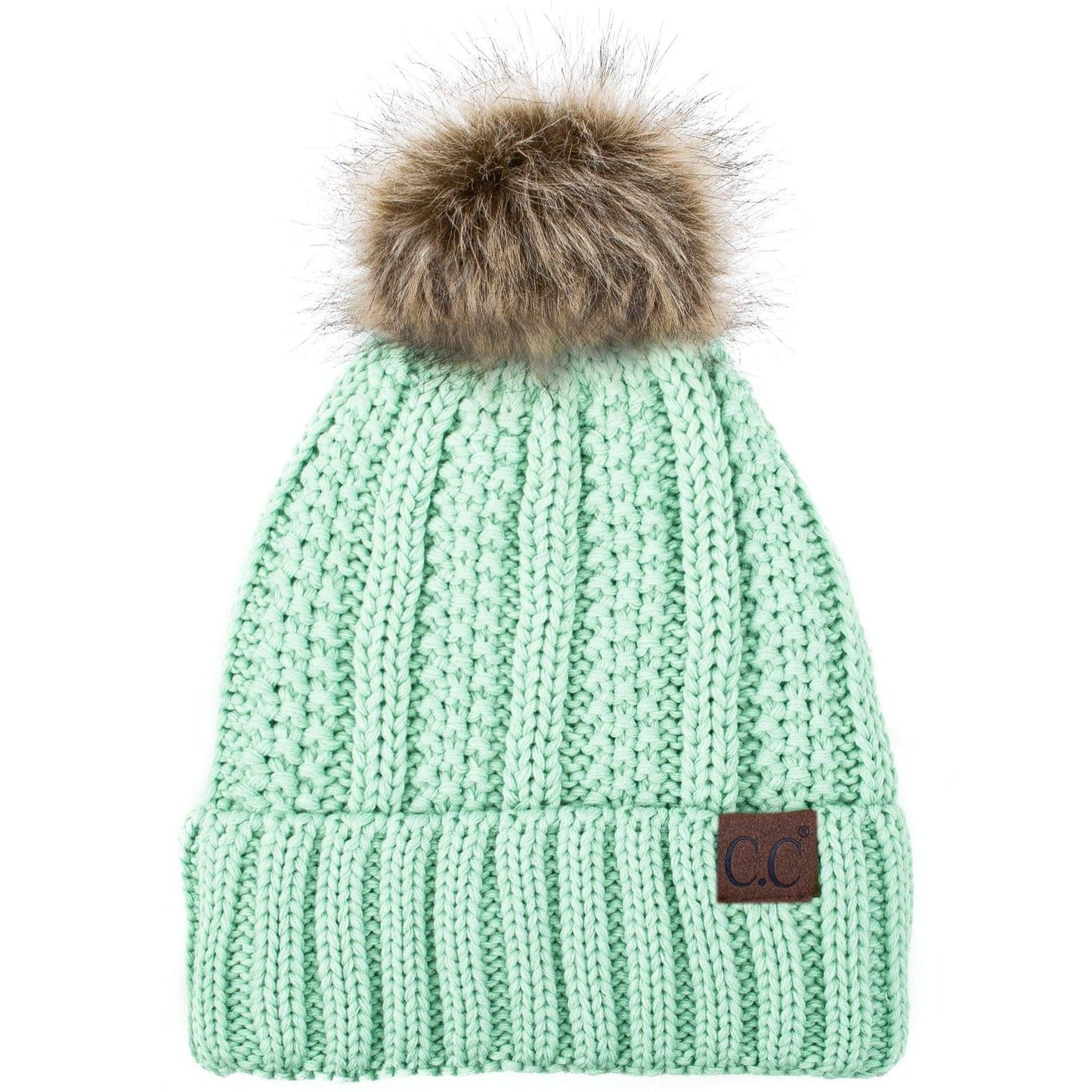 C.C Apparel C.C YJ820 - Thick Cable Knit Hat Faux Fur Pom Pom Fleece Lined Skull Cap Cuff Beanie