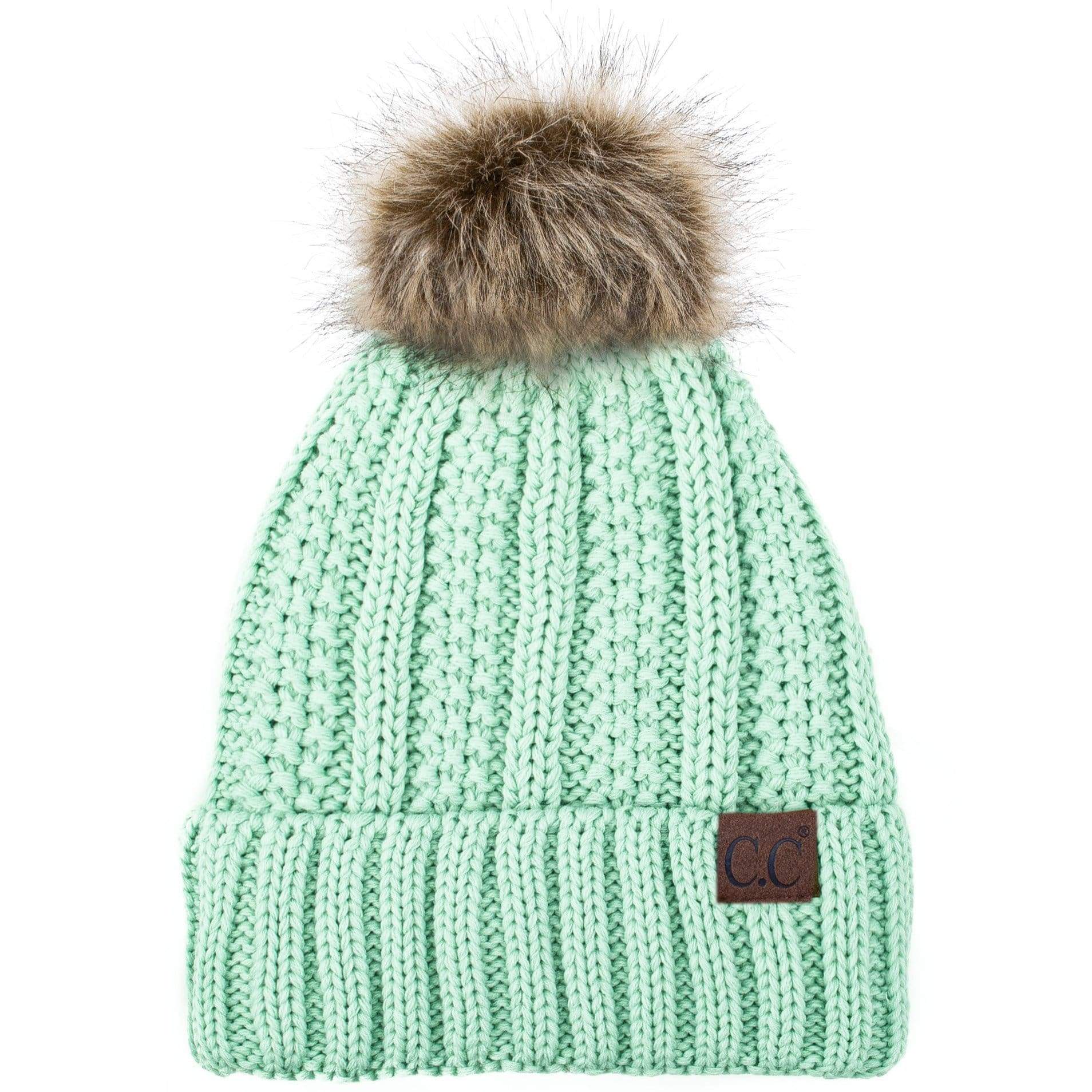 C.C Apparel C.C YJ820 - Thick Cable Knit Hat Faux Fur Pom Pom Fleece Lined Skull Cap Cuff Beanie