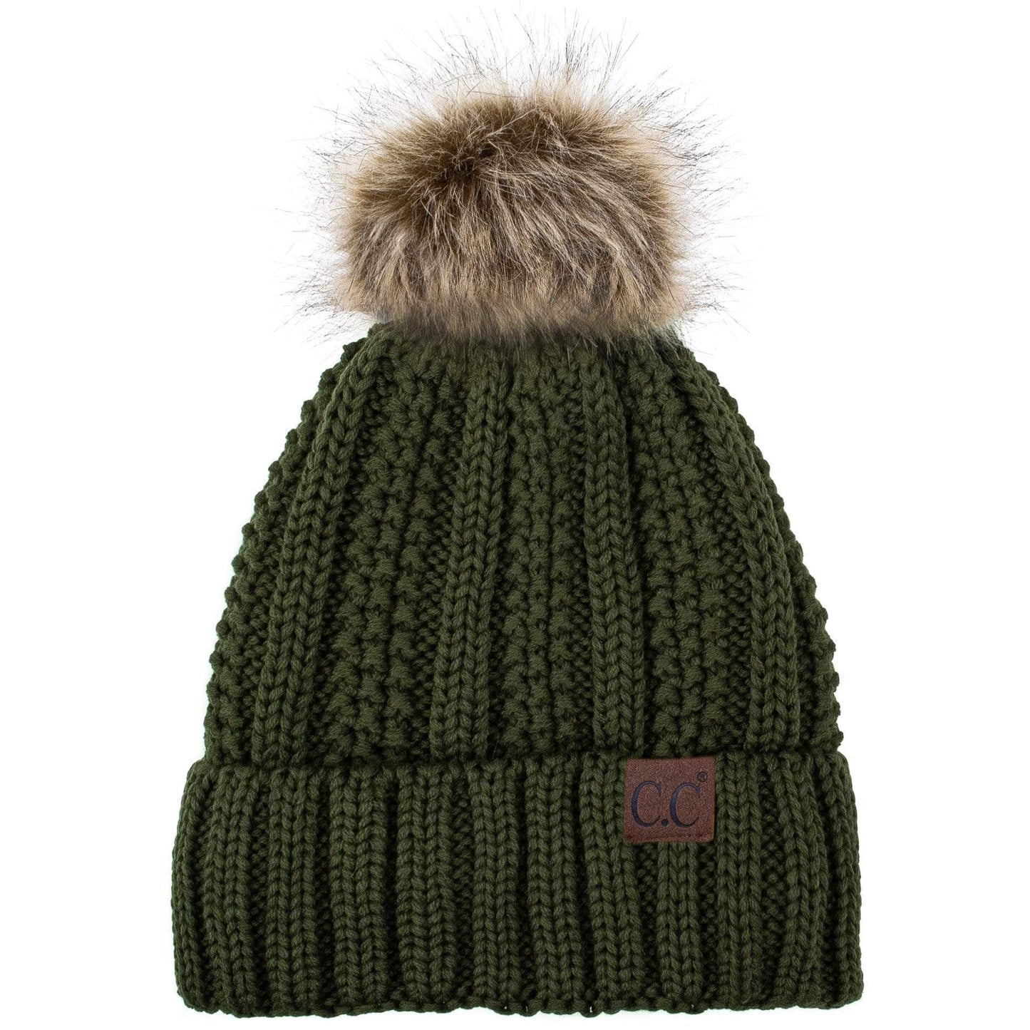 C.C Apparel C.C YJ820 - Thick Cable Knit Hat Faux Fur Pom Pom Fleece Lined Skull Cap Cuff Beanie