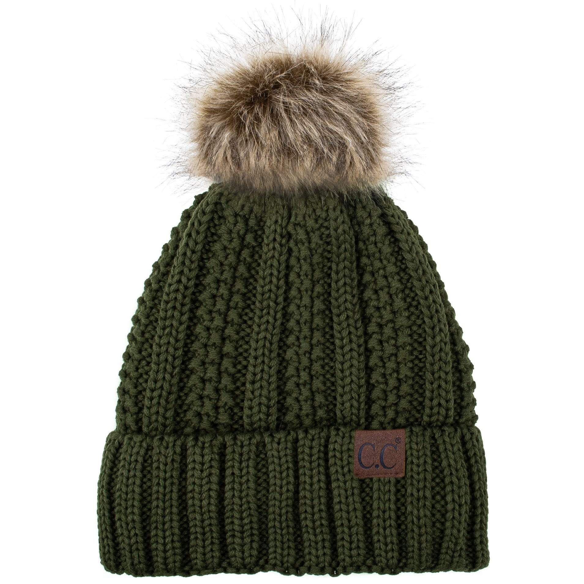 C.C Apparel C.C YJ820 - Thick Cable Knit Hat Faux Fur Pom Pom Fleece Lined Skull Cap Cuff Beanie