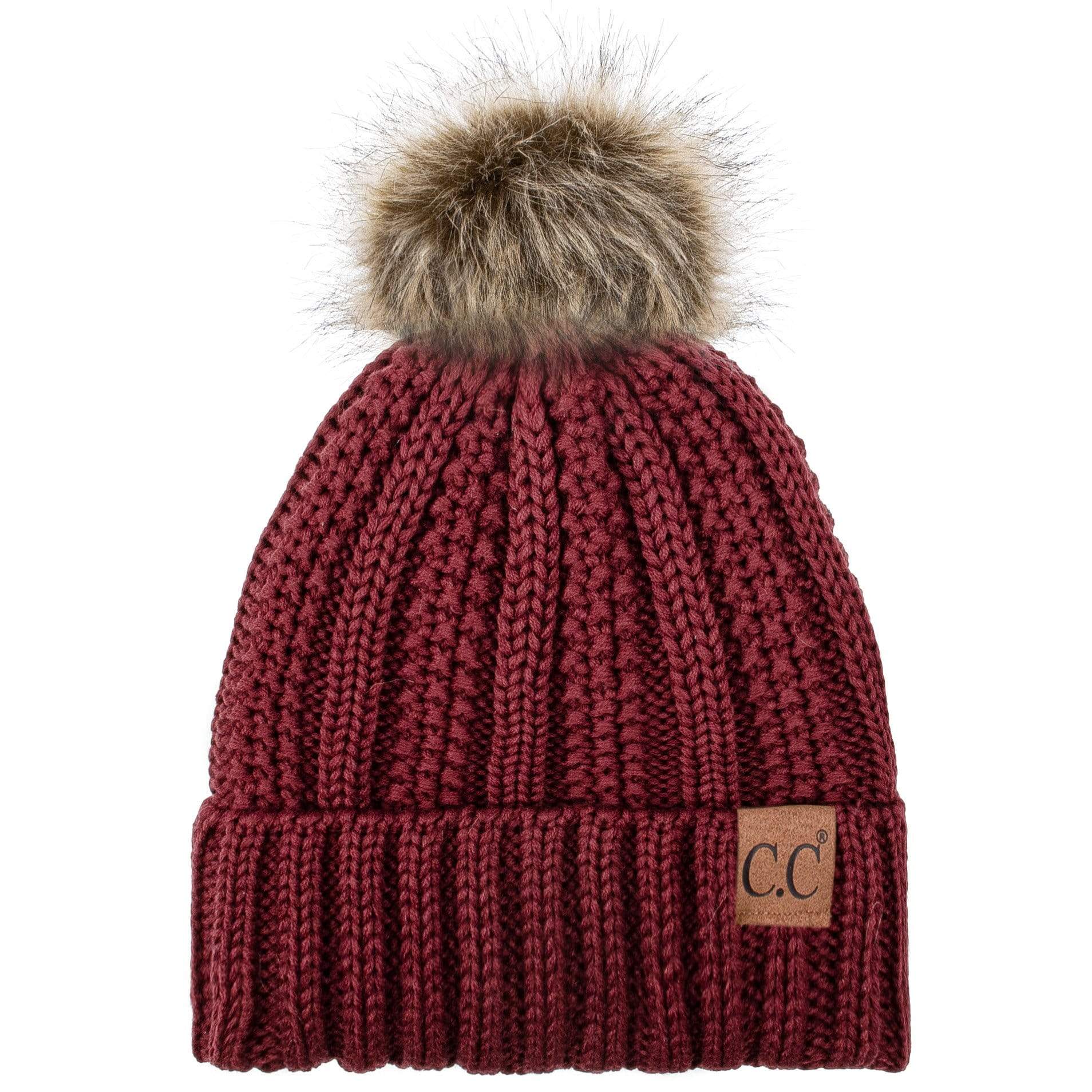 C.C Apparel C.C YJ820 - Thick Cable Knit Hat Faux Fur Pom Pom Fleece Lined Skull Cap Cuff Beanie