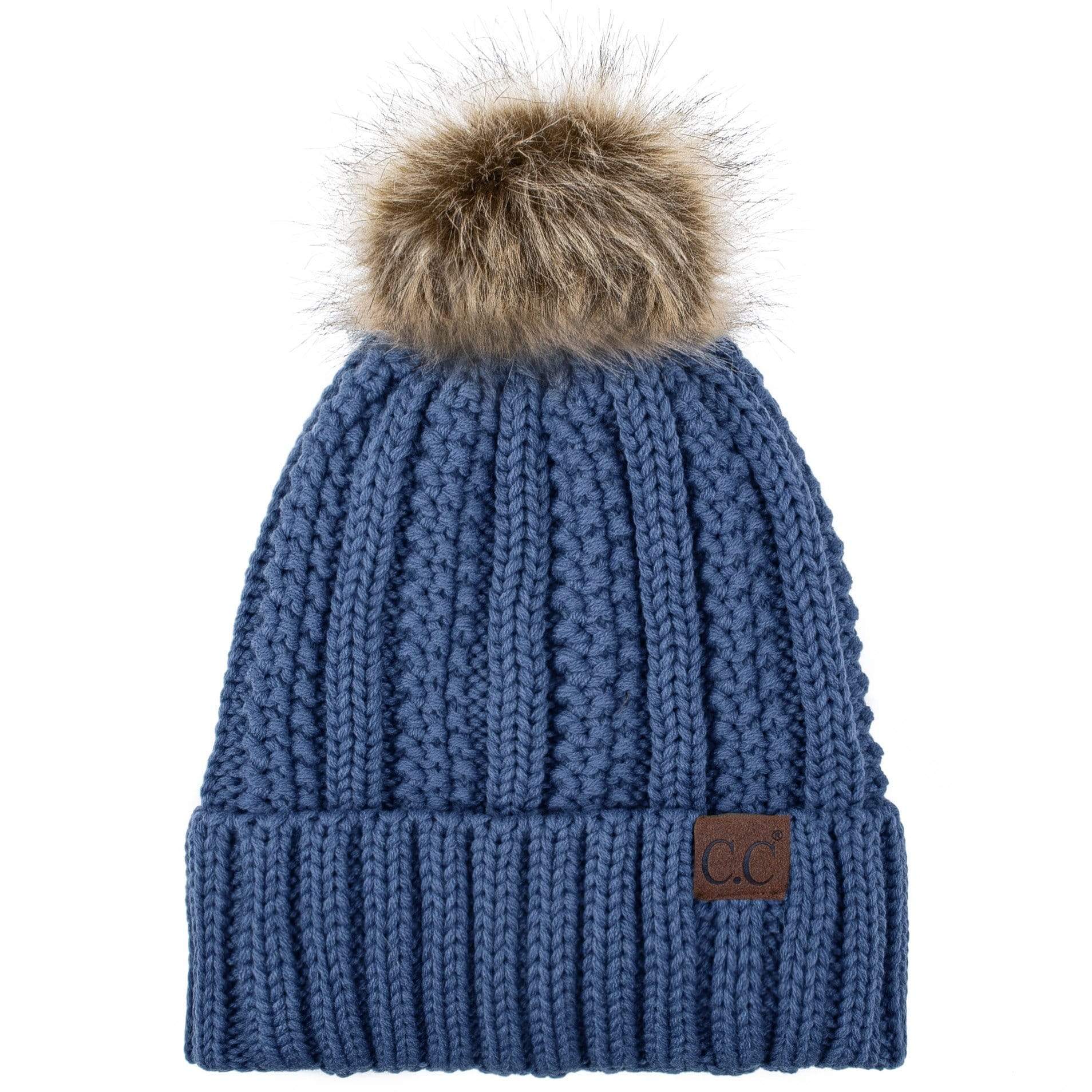 C.C Apparel C.C YJ820 - Thick Cable Knit Hat Faux Fur Pom Pom Fleece Lined Skull Cap Cuff Beanie
