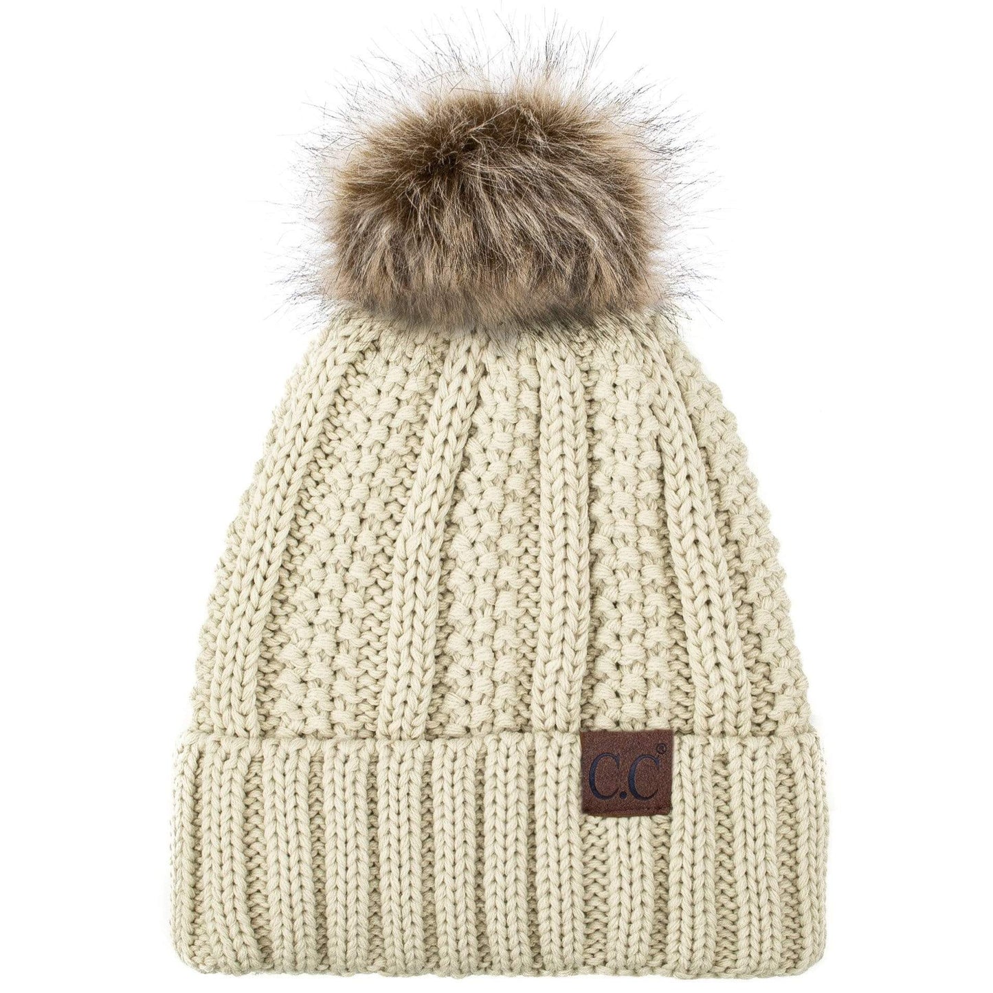 C.C Apparel C.C YJ820 - Thick Cable Knit Hat Faux Fur Pom Pom Fleece Lined Skull Cap Cuff Beanie