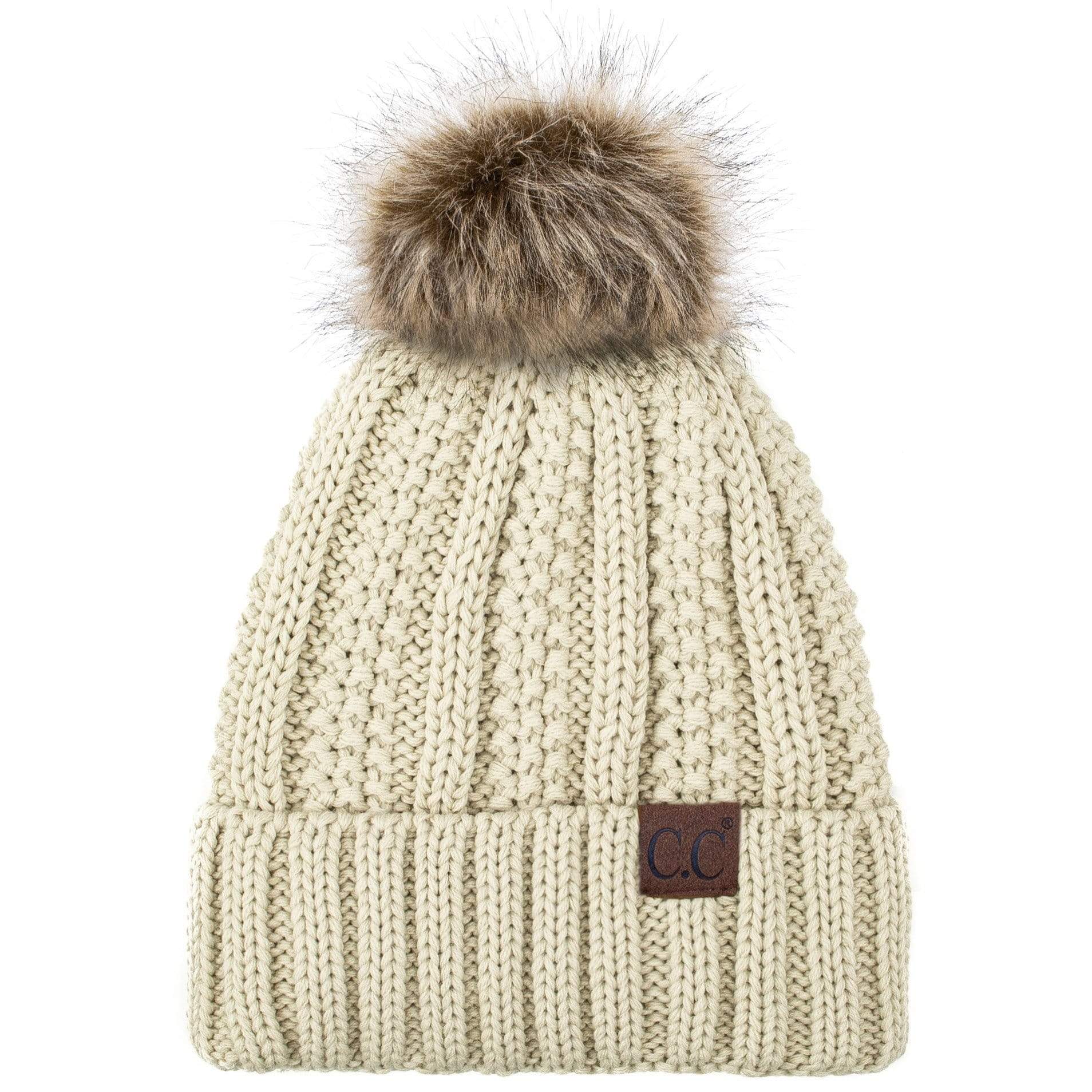C.C Apparel C.C YJ820 - Thick Cable Knit Hat Faux Fur Pom Pom Fleece Lined Skull Cap Cuff Beanie