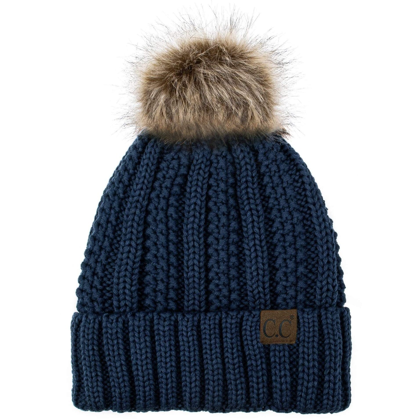 C.C Apparel C.C YJ820 - Thick Cable Knit Hat Faux Fur Pom Pom Fleece Lined Skull Cap Cuff Beanie
