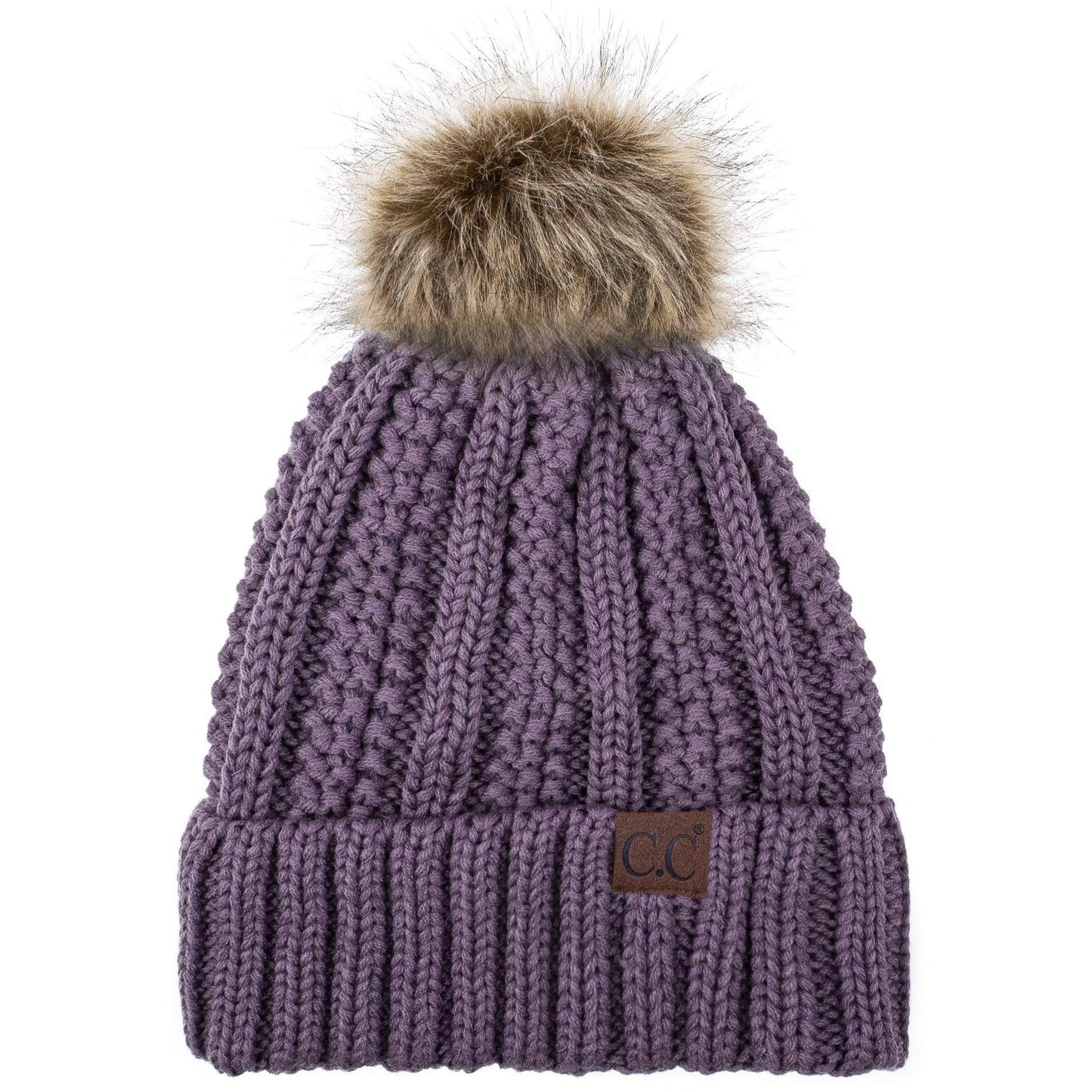 C.C Apparel C.C YJ820 - Thick Cable Knit Hat Faux Fur Pom Pom Fleece Lined Skull Cap Cuff Beanie