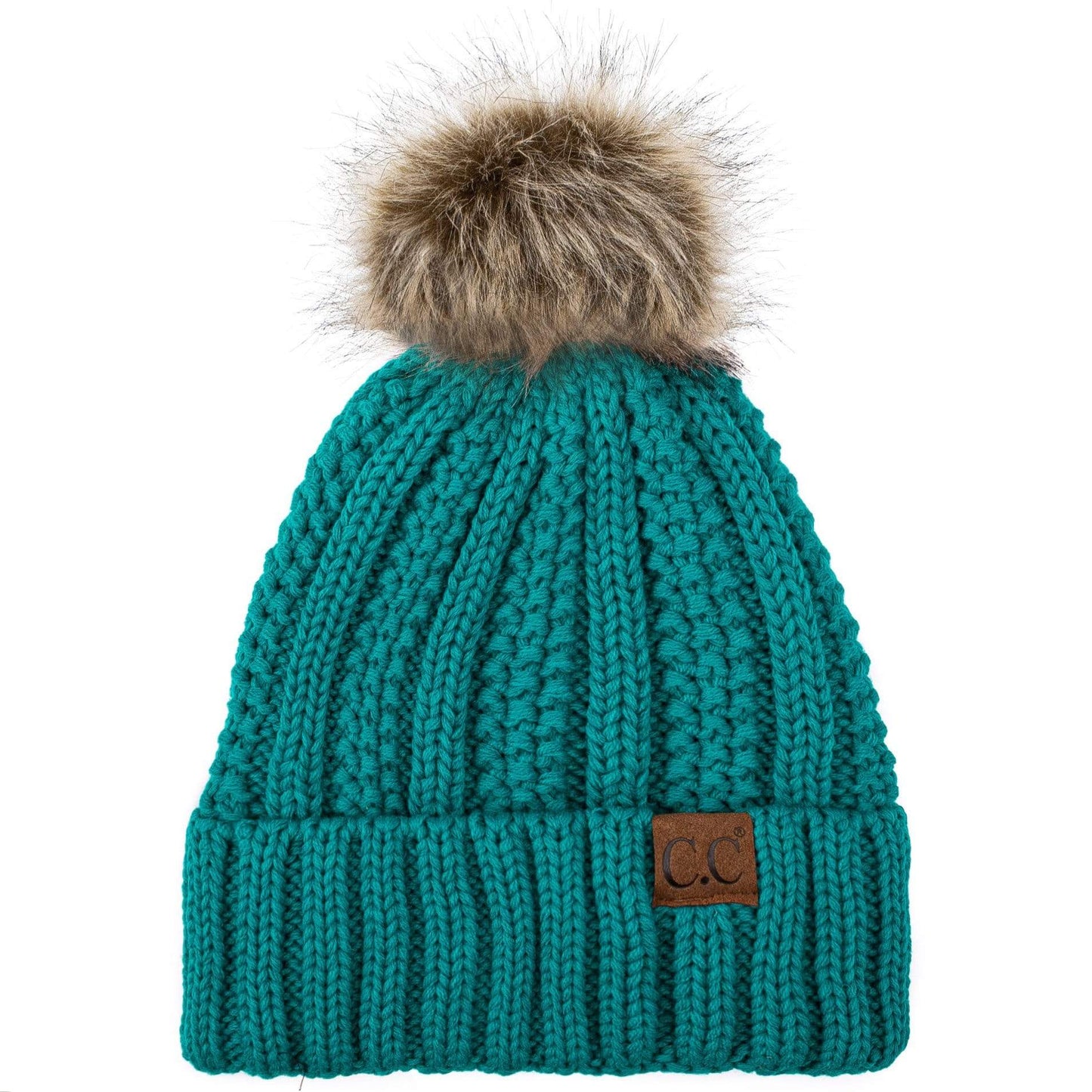 C.C Apparel C.C YJ820 - Thick Cable Knit Hat Faux Fur Pom Pom Fleece Lined Skull Cap Cuff Beanie