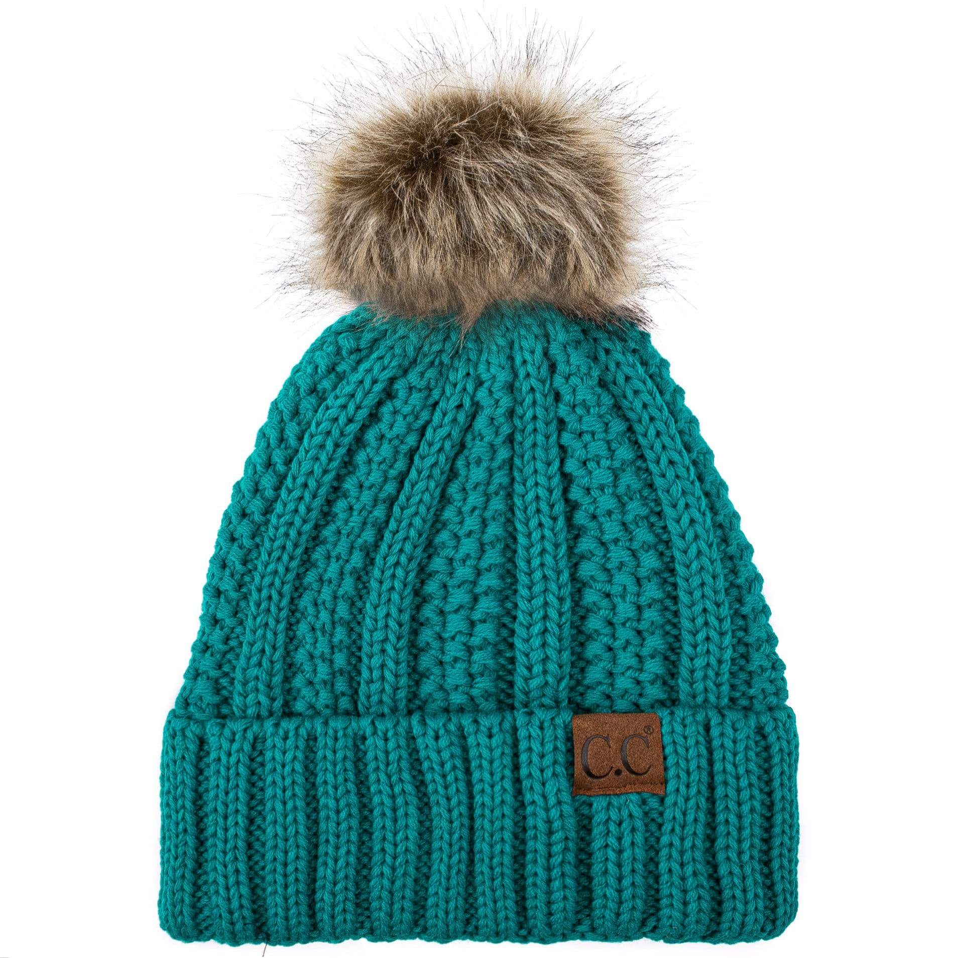 C.C Apparel C.C YJ820 - Thick Cable Knit Hat Faux Fur Pom Pom Fleece Lined Skull Cap Cuff Beanie