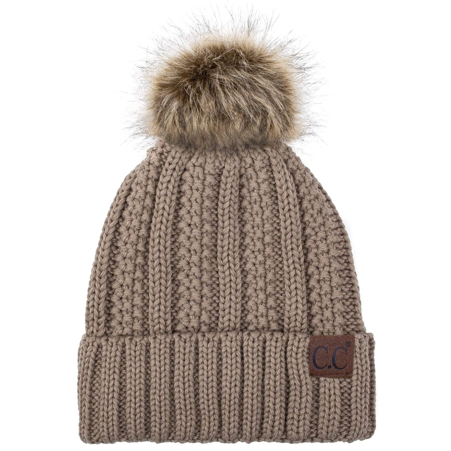 C.C Apparel C.C YJ820 - Thick Cable Knit Hat Faux Fur Pom Pom Fleece Lined Skull Cap Cuff Beanie