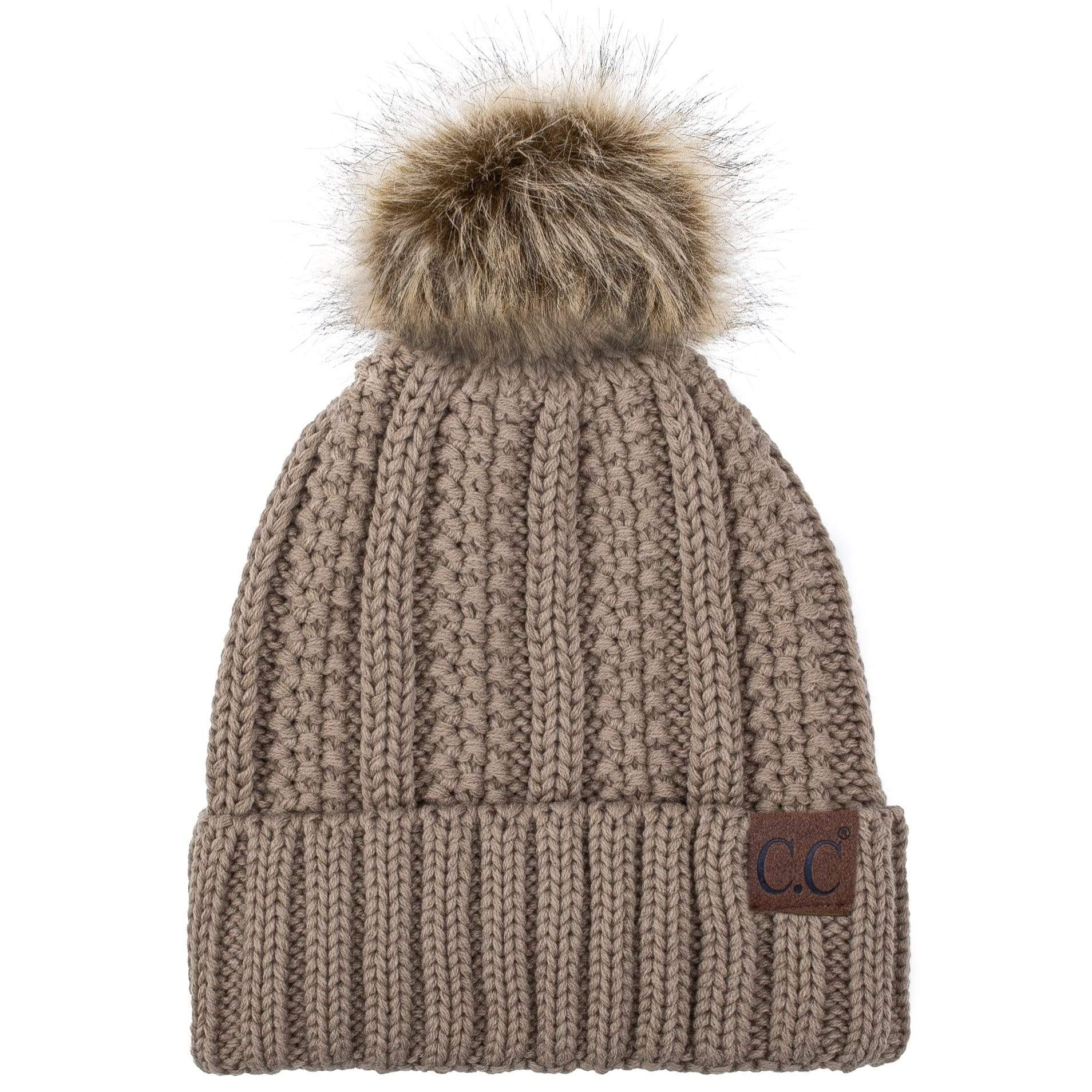 C.C Apparel C.C YJ820 - Thick Cable Knit Hat Faux Fur Pom Pom Fleece Lined Skull Cap Cuff Beanie