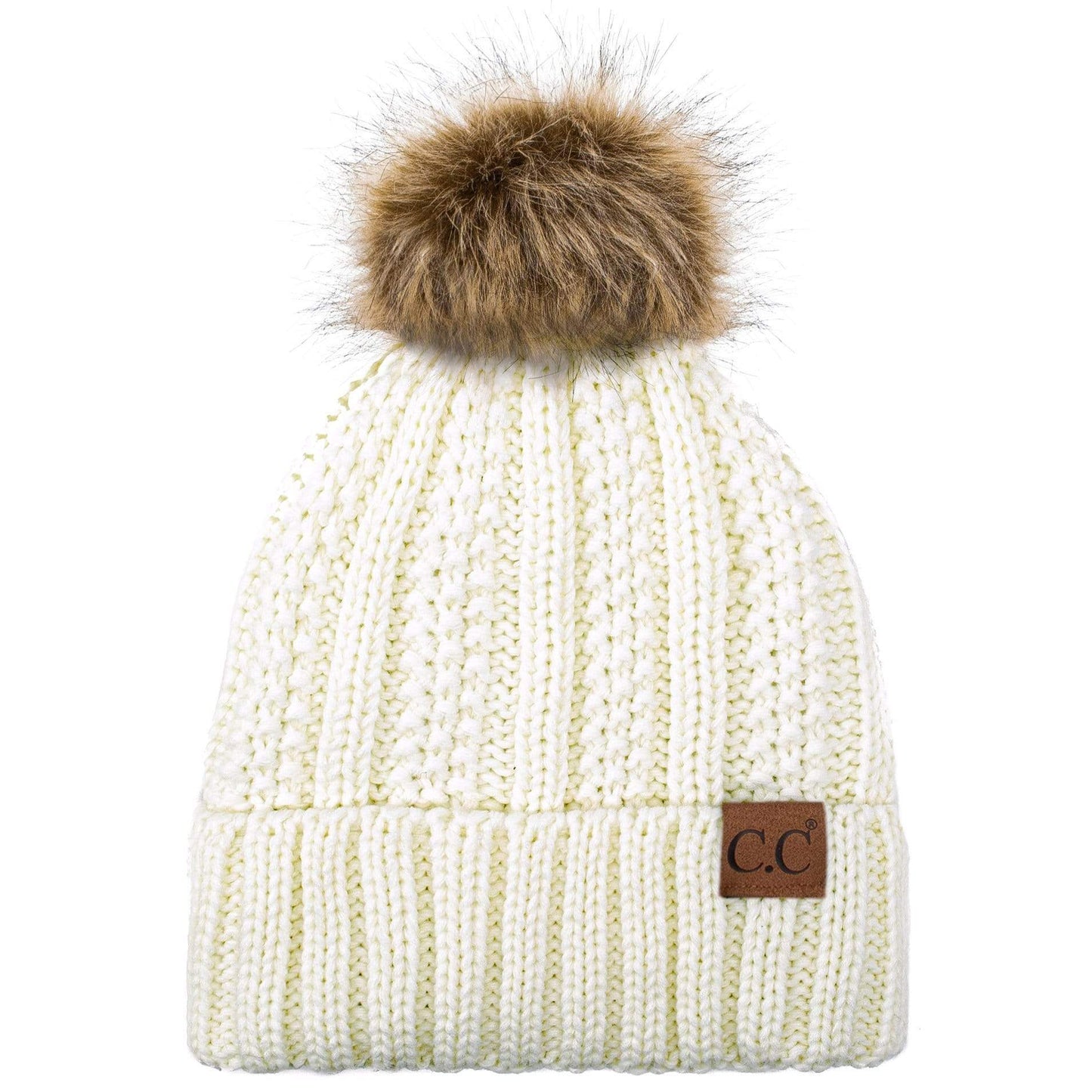 C.C Apparel C.C YJ820 - Thick Cable Knit Hat Faux Fur Pom Pom Fleece Lined Skull Cap Cuff Beanie