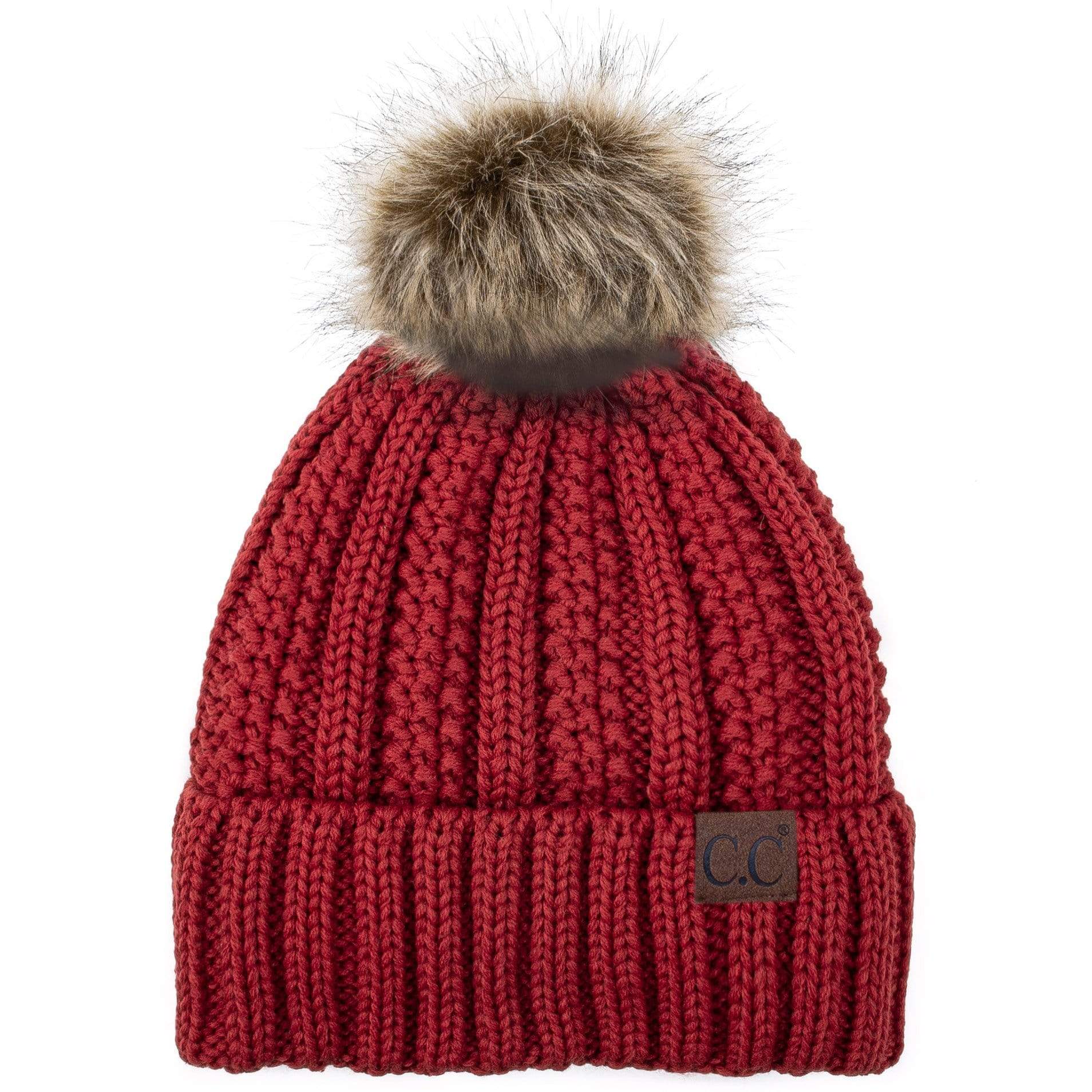 C.C Apparel C.C YJ820 - Thick Cable Knit Hat Faux Fur Pom Pom Fleece Lined Skull Cap Cuff Beanie