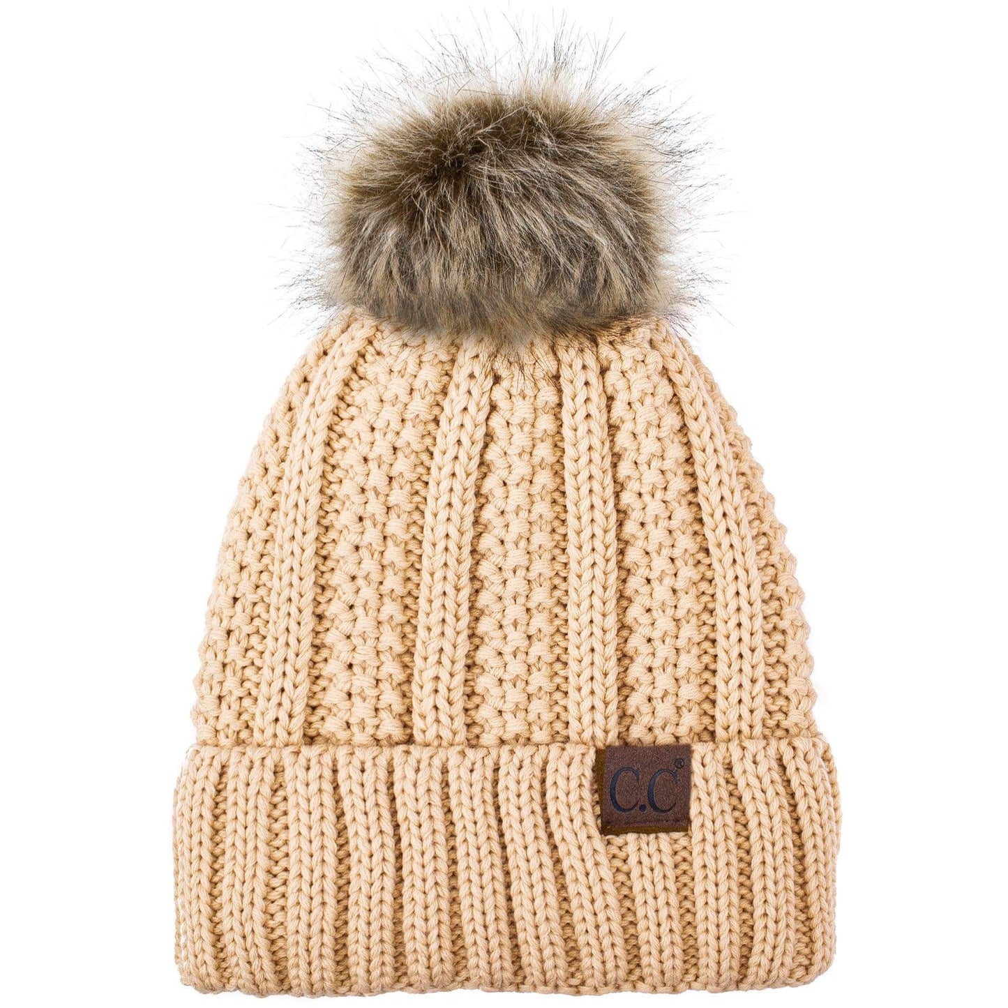 C.C Apparel C.C YJ820 - Thick Cable Knit Hat Faux Fur Pom Pom Fleece Lined Skull Cap Cuff Beanie