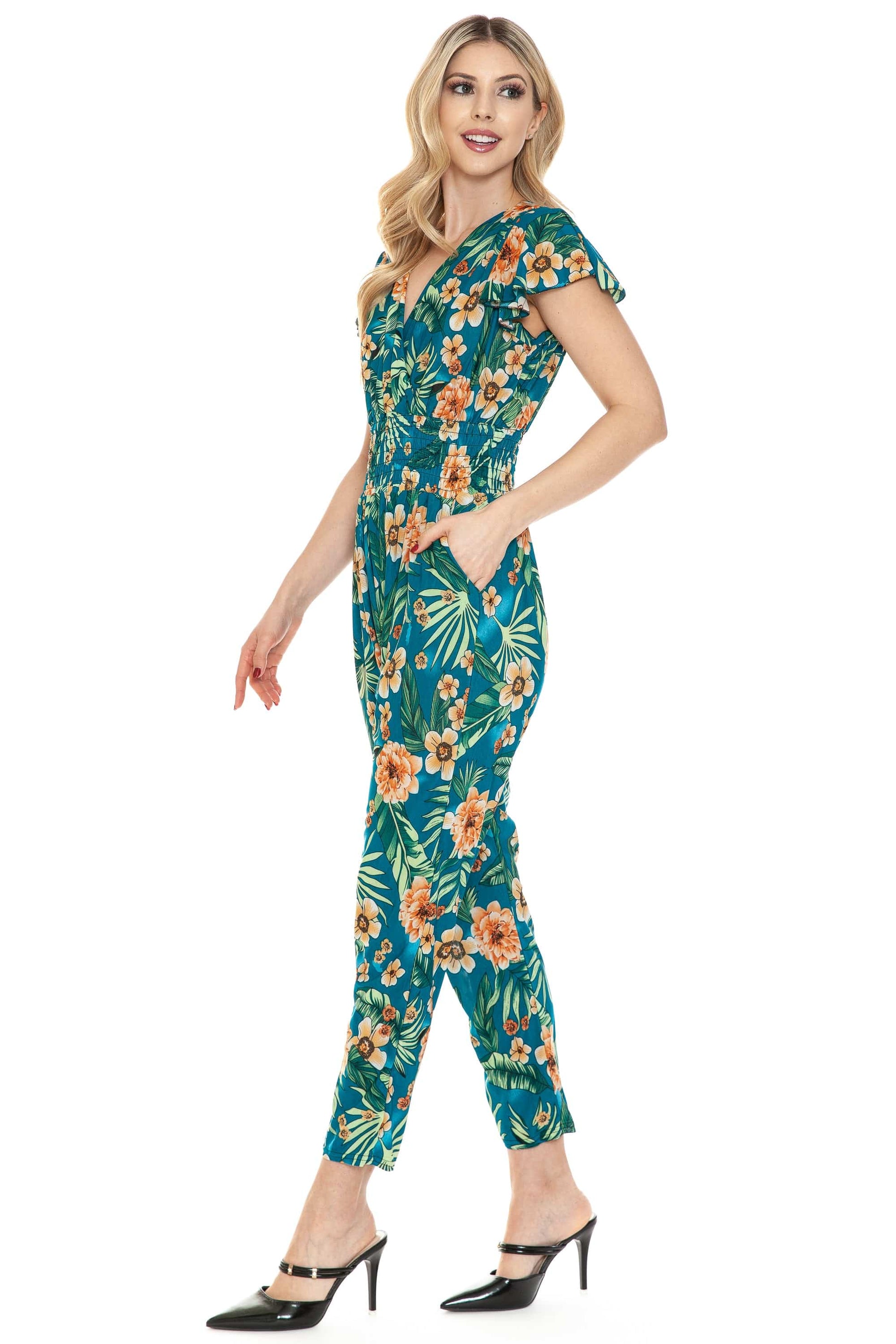 Auliné Collection Apparel Auliné Collection Womens Short Cap Sleeve V-Neck Long Pants Romper Jumpsuit