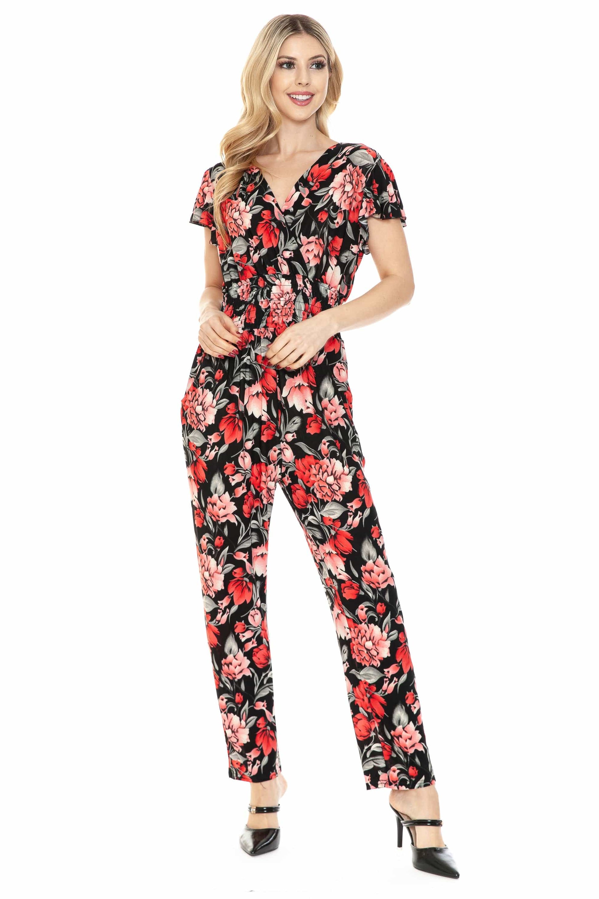 Auliné Collection Apparel Auliné Collection Womens Short Cap Sleeve V-Neck Long Pants Romper Jumpsuit