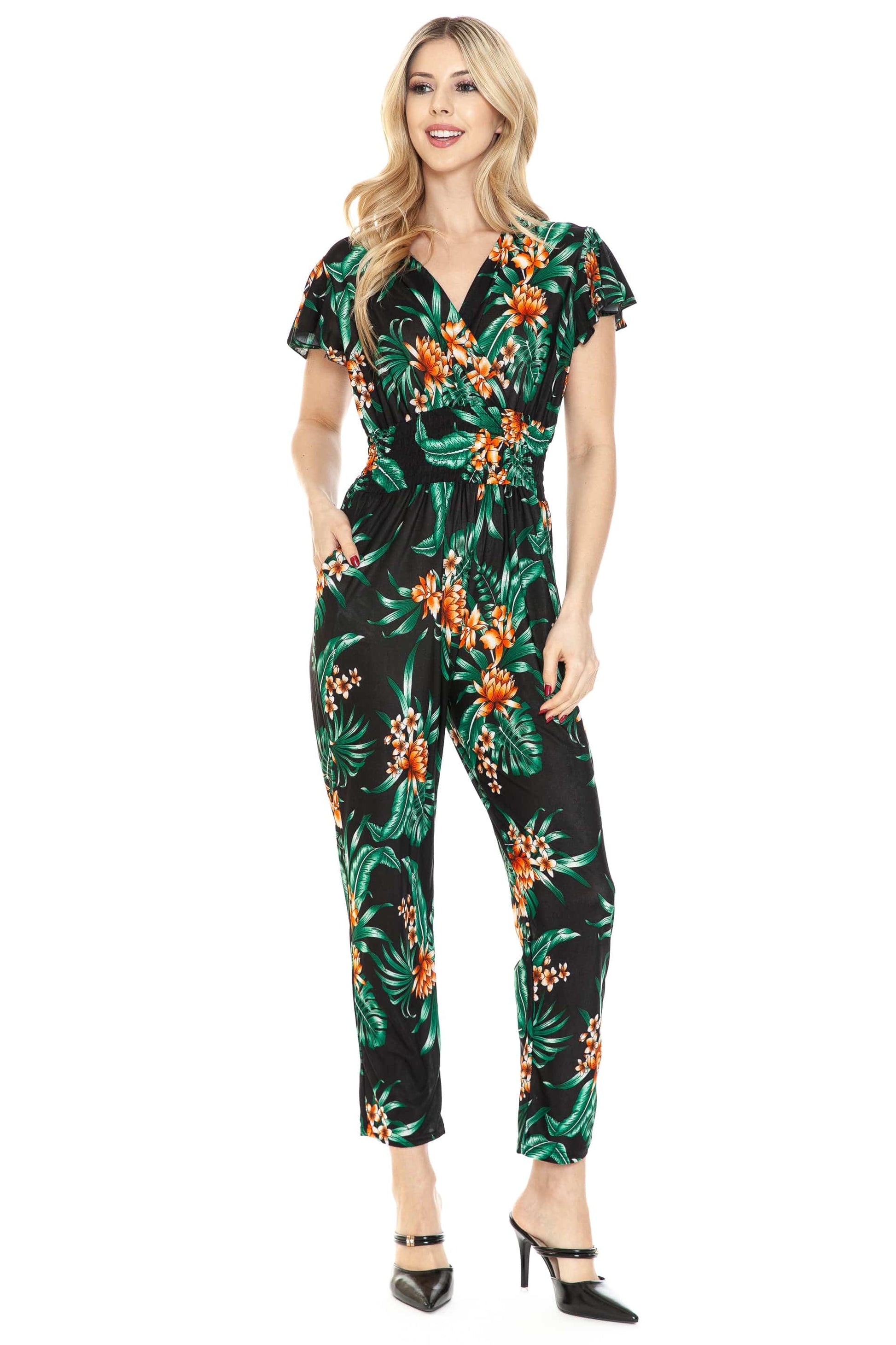 Auliné Collection Apparel Island Floral / S/M Auliné Collection Womens Short Cap Sleeve V-Neck Long Pants Romper Jumpsuit