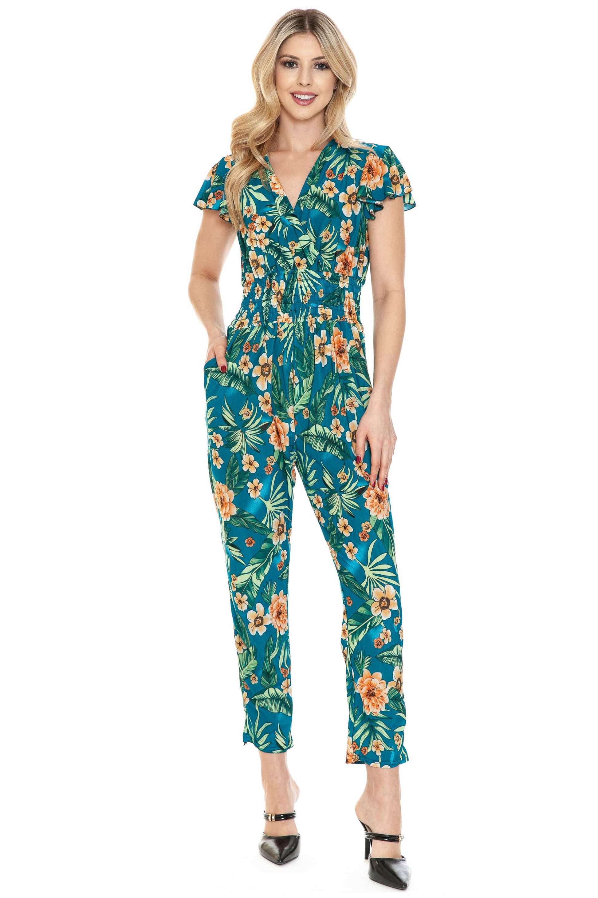 Auliné Collection Apparel Radiant Floral / S/M Auliné Collection Womens Short Cap Sleeve V-Neck Long Pants Romper Jumpsuit