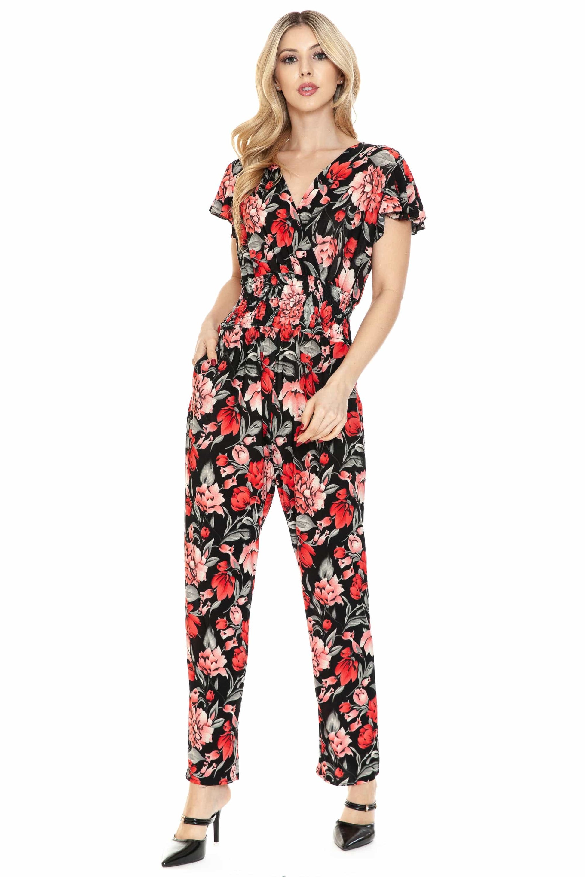 Auliné Collection Apparel Romantic Floral / S/M Auliné Collection Womens Short Cap Sleeve V-Neck Long Pants Romper Jumpsuit