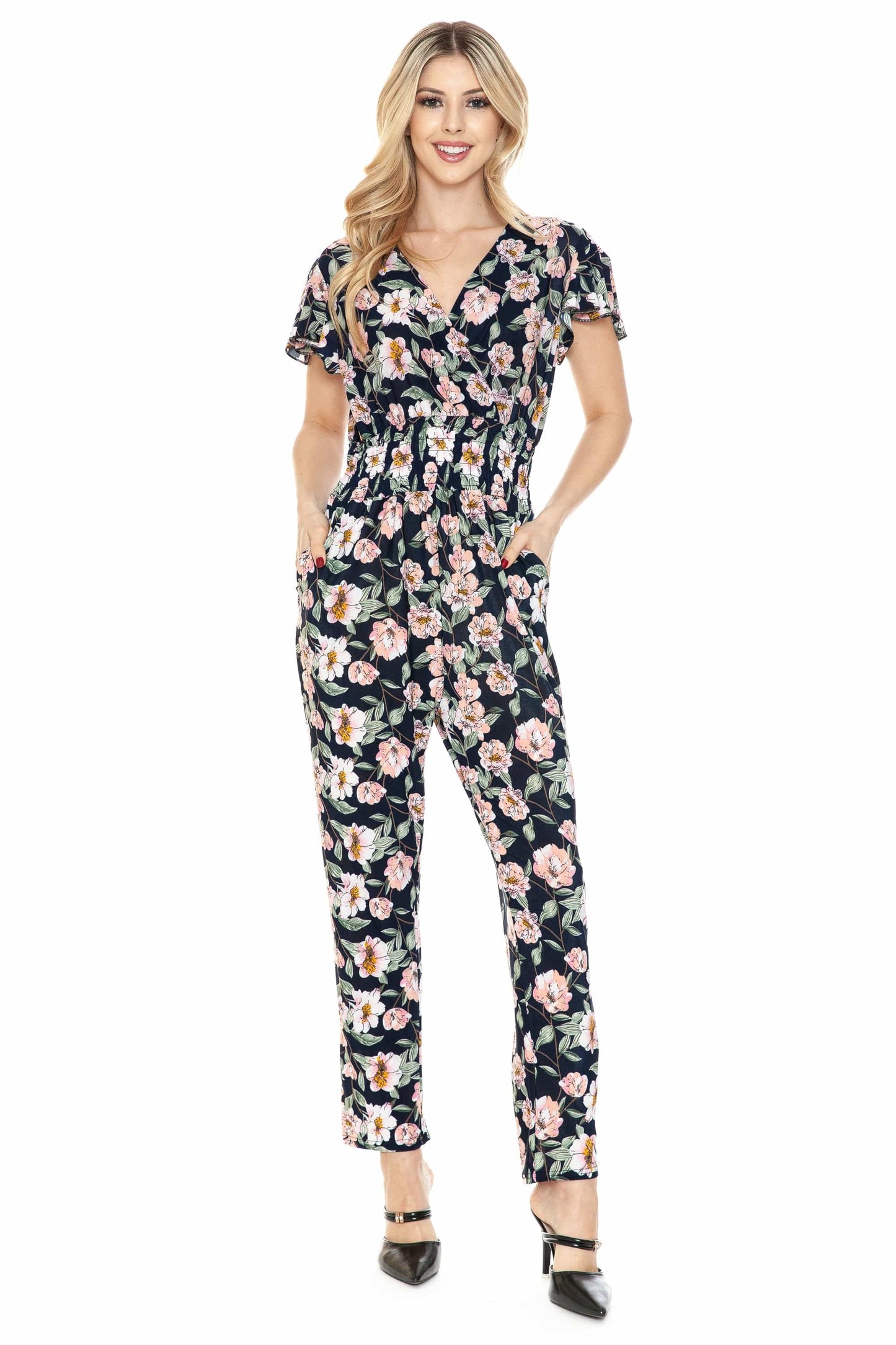 Auliné Collection Apparel Soft Summer Floral / S/M Auliné Collection Womens Short Cap Sleeve V-Neck Long Pants Romper Jumpsuit