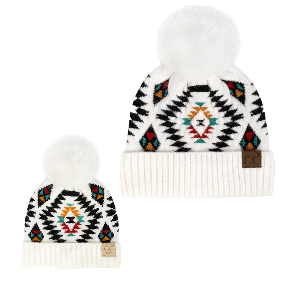 C.C Apparel C.C Aztec Soft Faux Fur Pom Matching Mommy & Baby Beanie Set