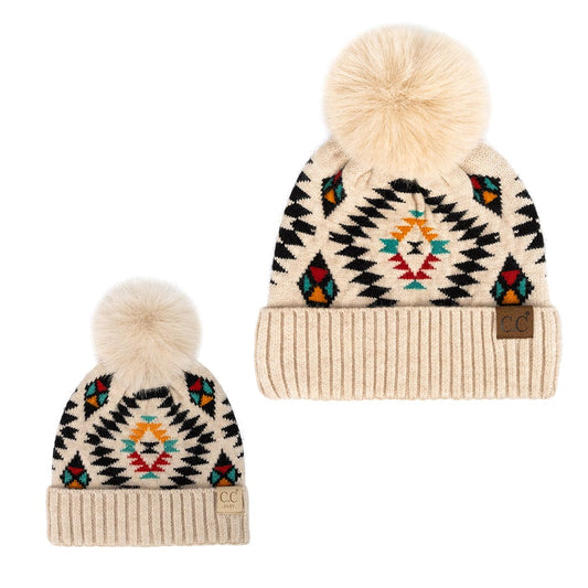 C.C Apparel C.C Aztec Soft Faux Fur Pom Matching Mommy & Baby Beanie Set