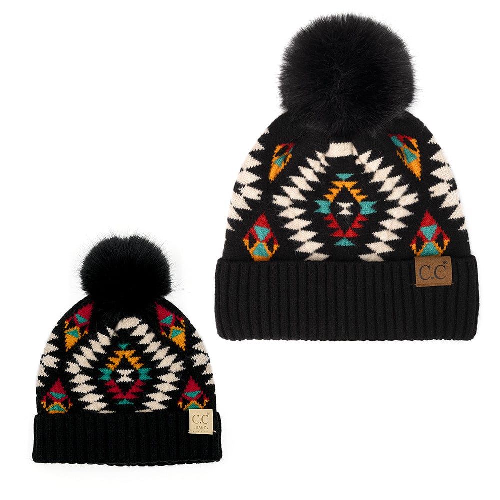 C.C Apparel Black C.C Aztec Soft Faux Fur Pom Matching Mommy & Baby Beanie Set