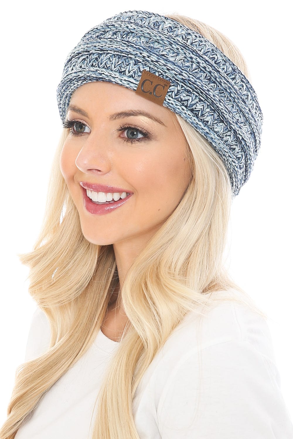 C.C Apparel #40 (3 Tone Denim) C.C Soft Stretch Winter Warm Cable Knit Fuzzy Lined Ear Warmer Headband for Women Head Wrap