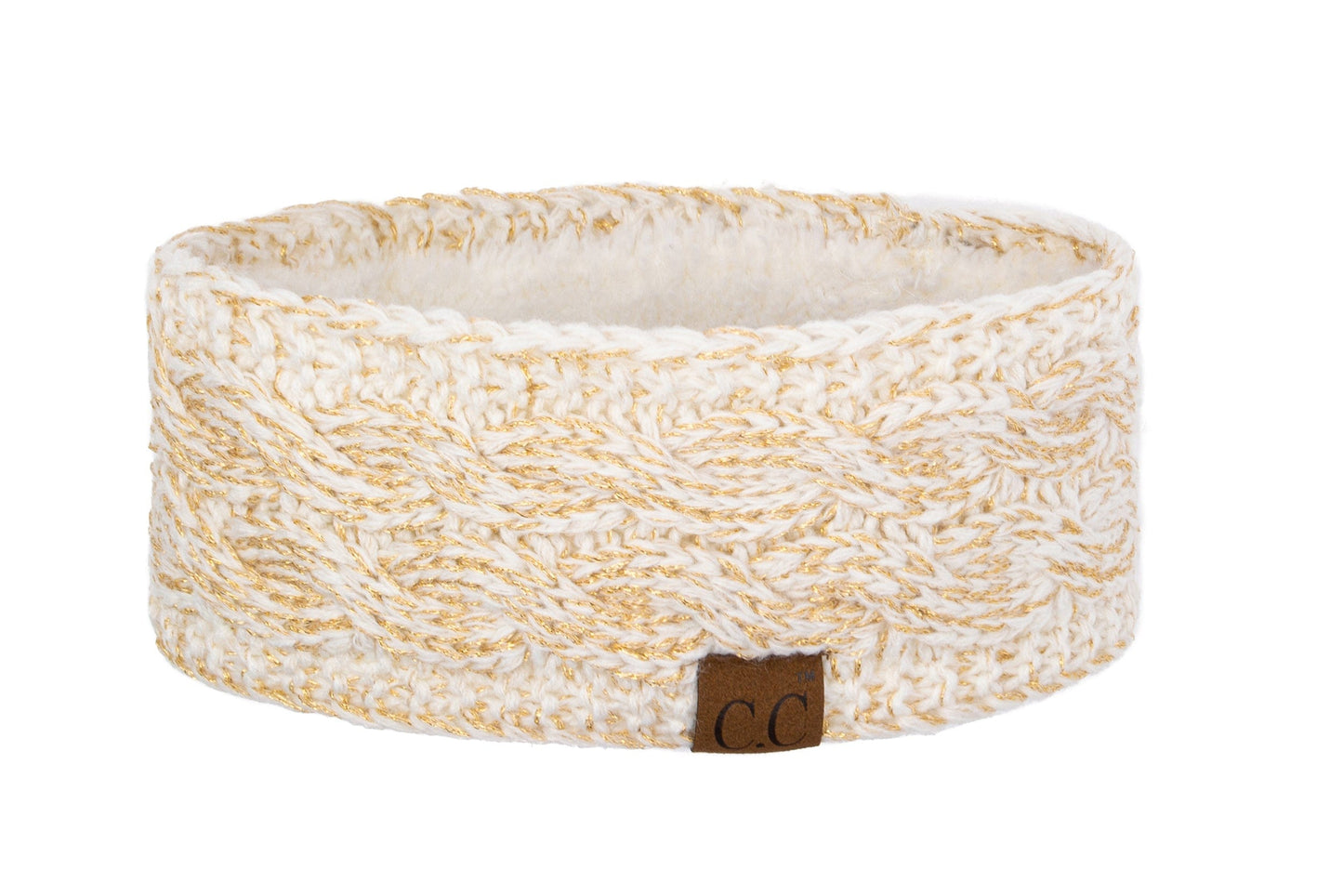 C.C Apparel Ivory and Gold C.C Soft Stretch Winter Warm Cable Knit Fuzzy Lined Ear Warmer Headband for Women Head Wrap