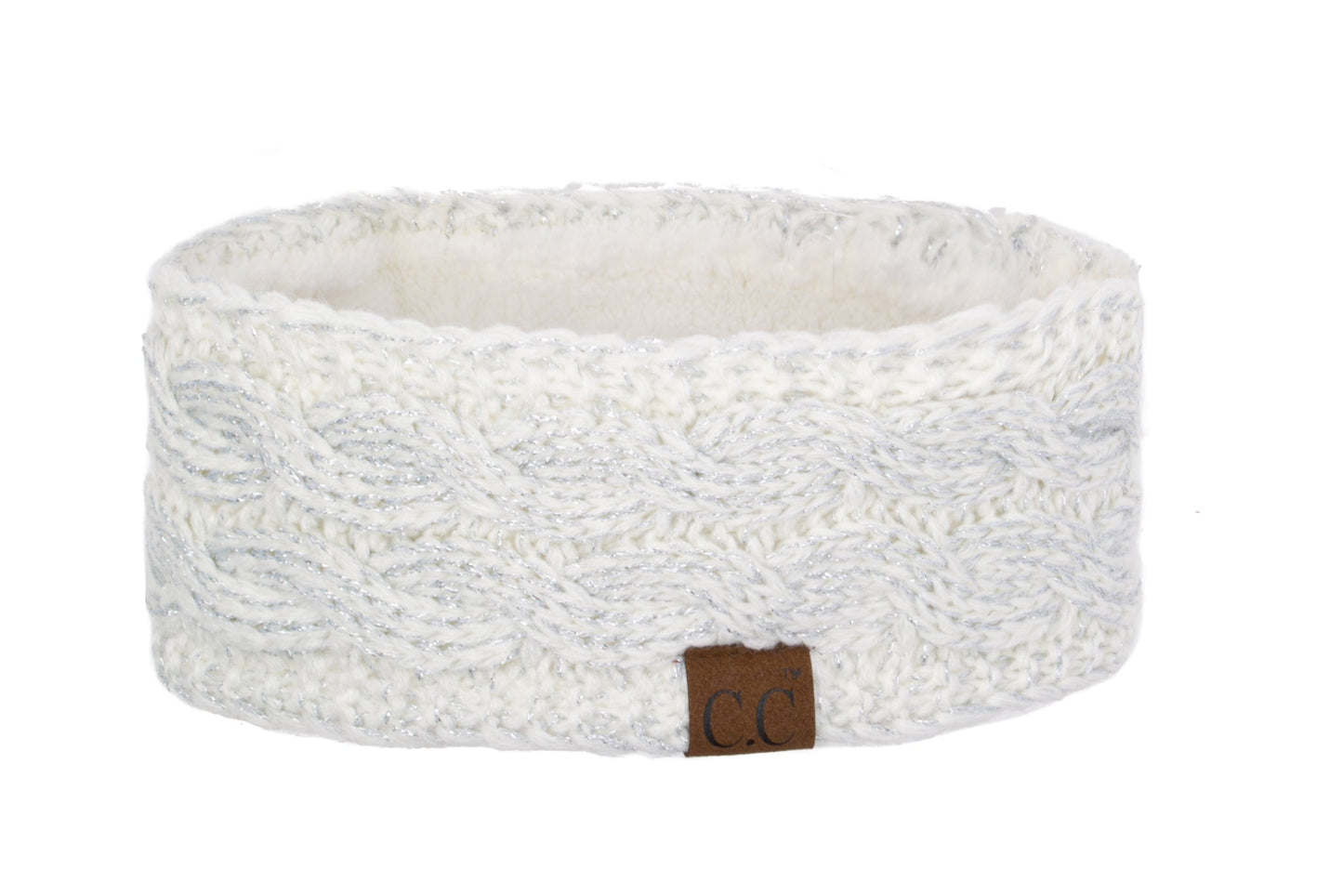 C.C Apparel Ivory and Silver C.C Soft Stretch Winter Warm Cable Knit Fuzzy Lined Ear Warmer Headband for Women Head Wrap